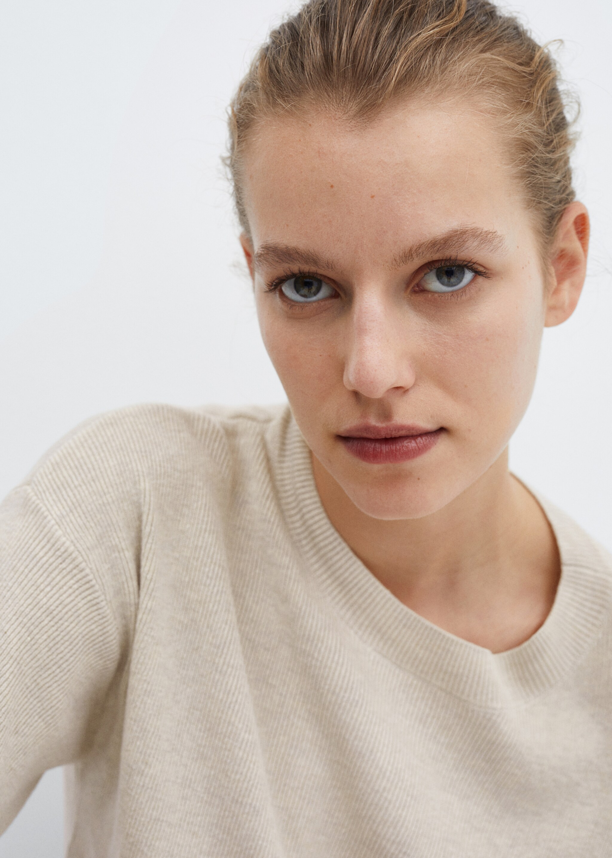 Cotton linen-blend knit t-shirt - Details of the article 1, Beige. Ref: 67095989-00.