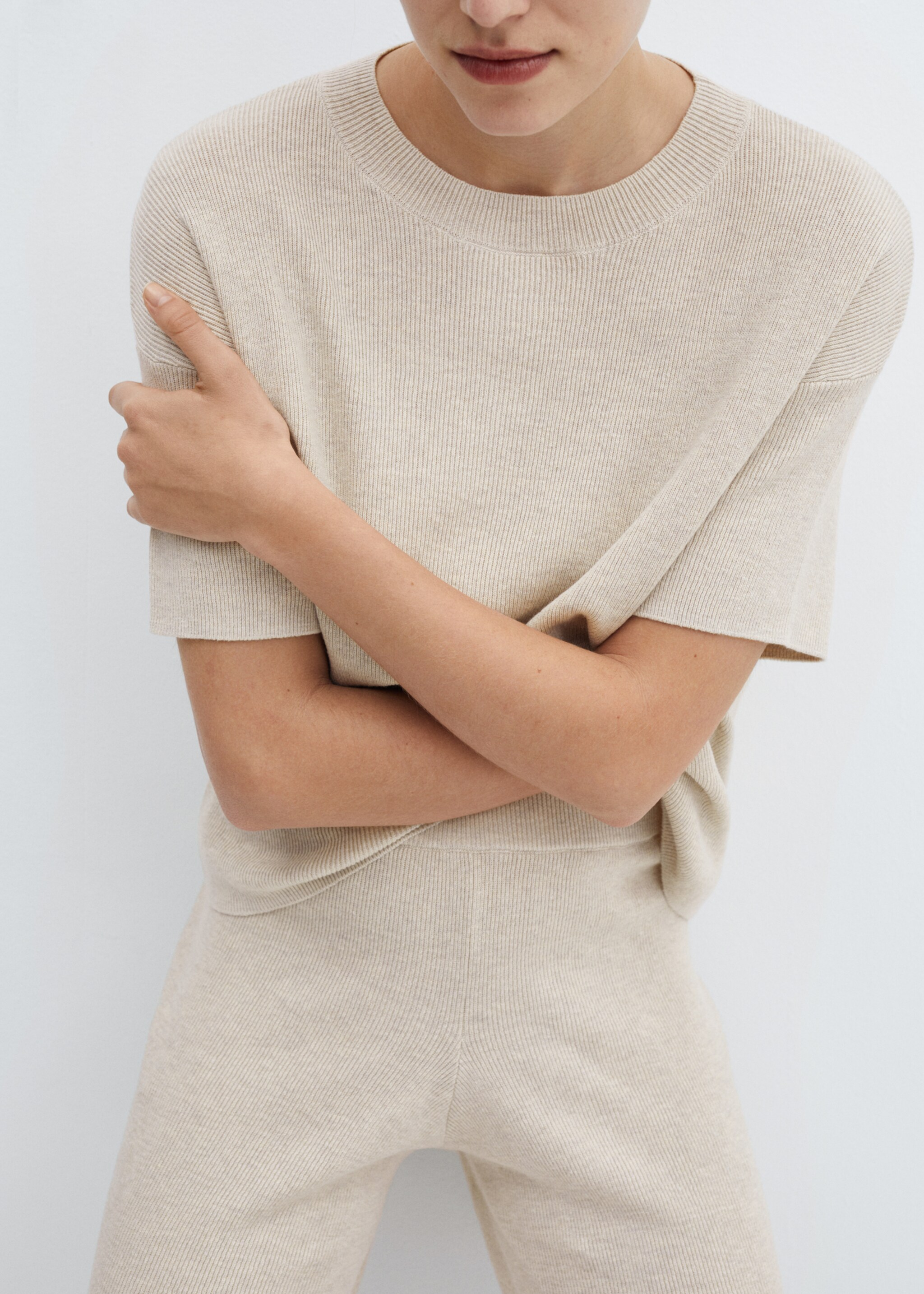 Cotton linen-blend knit t-shirt - Details of the article 6, Beige. Ref: 67095989-00.