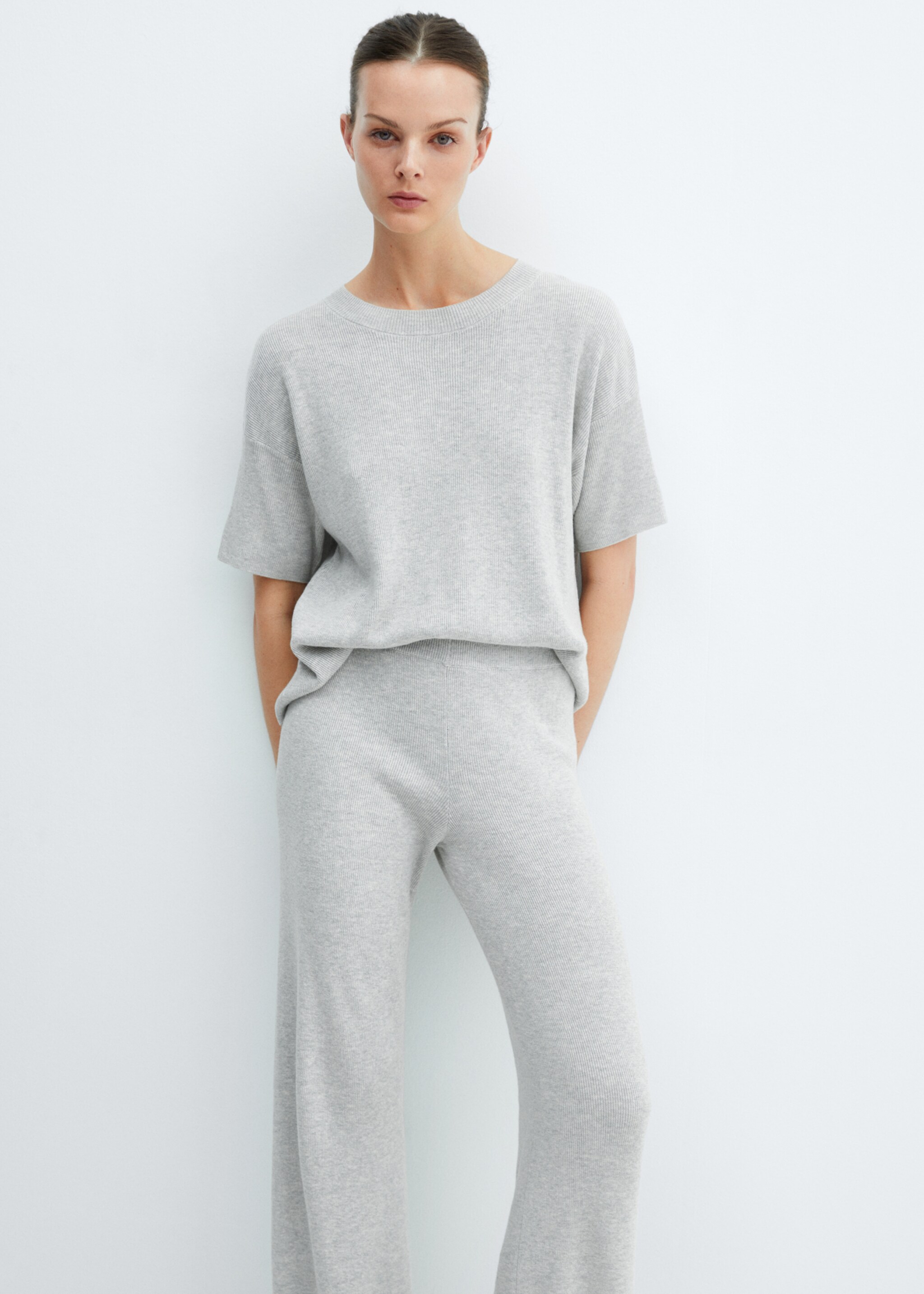 Cotton linen-blend knit t-shirt - Medium plane, Light Heather Grey. Ref: 67095989-00.
