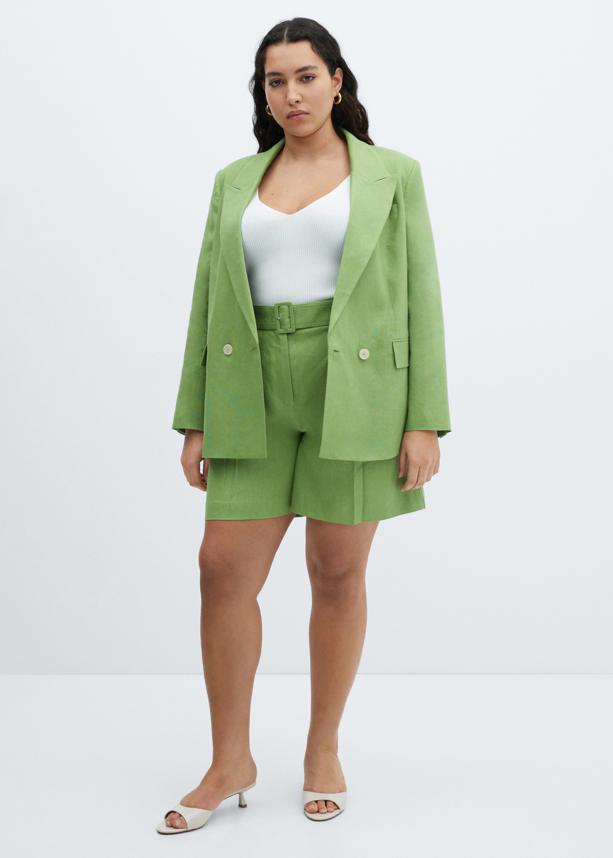 Belt linen-blend Bermuda shorts - Details of the article 3, Green. Ref: 67097112-00.
