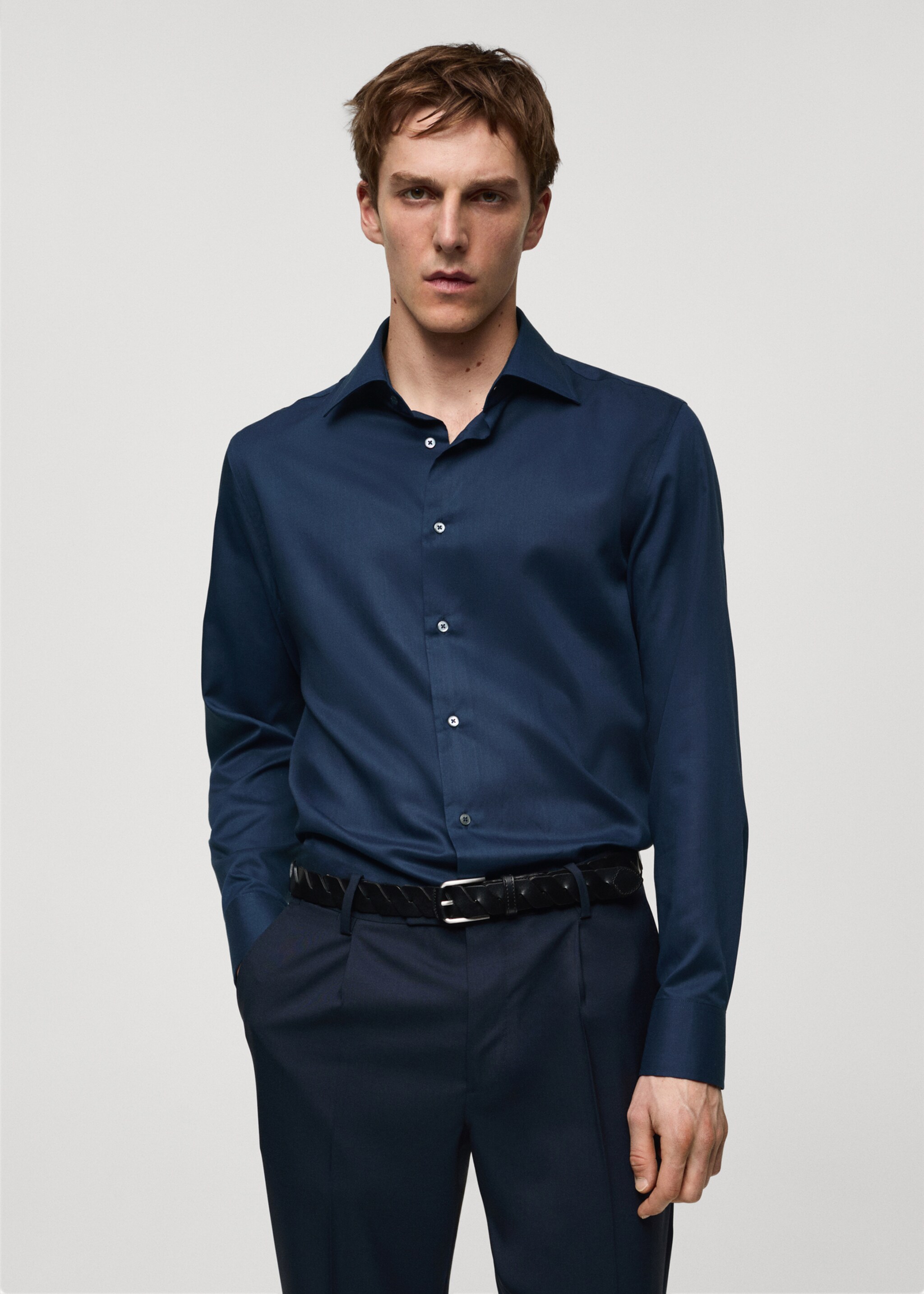 Slim-fit Tencel cotton shirt - Medium plane, Dark Navy. Ref: 67098266-00.