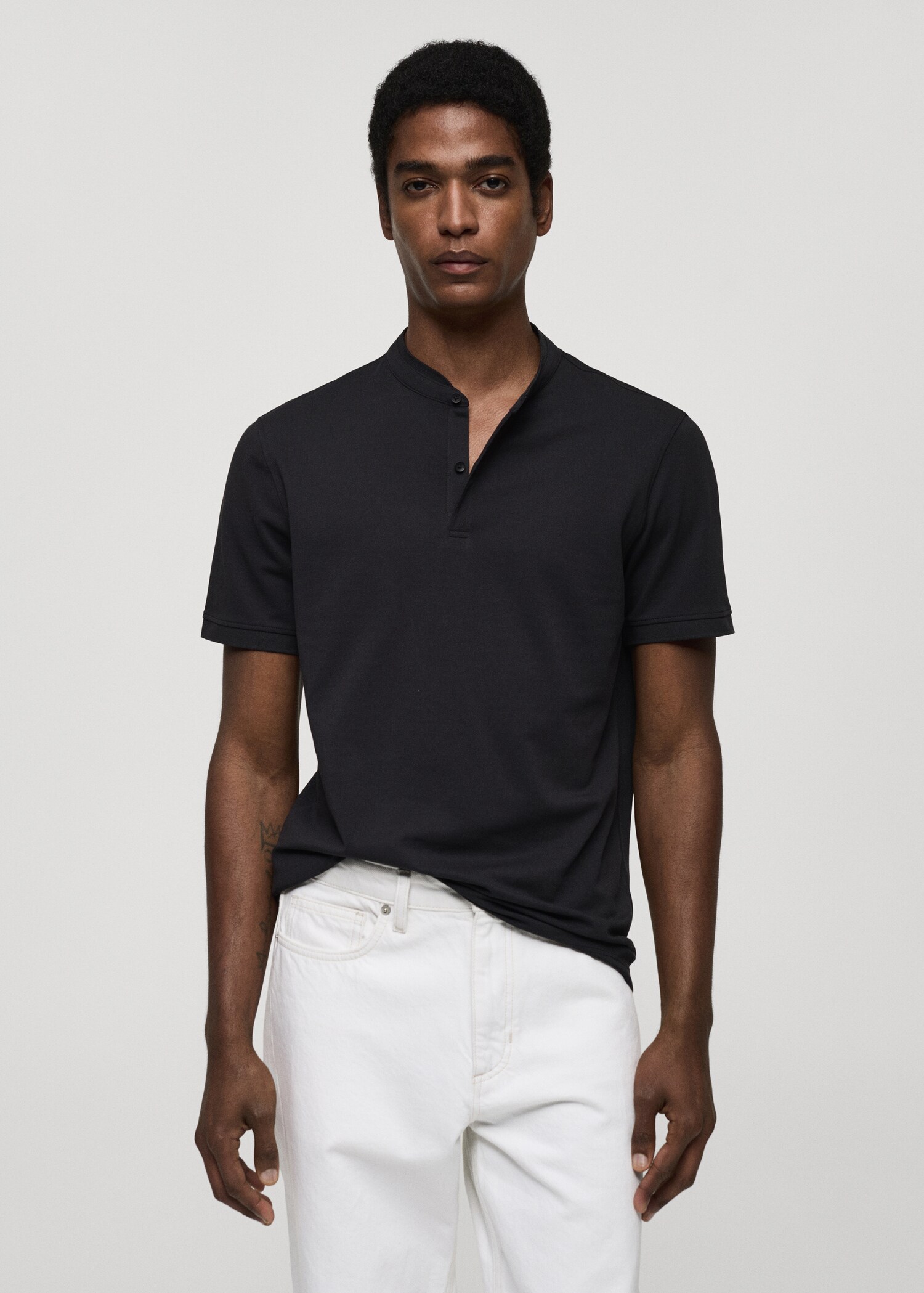 Cotton pique polo shirt with mao collar - Medium plane