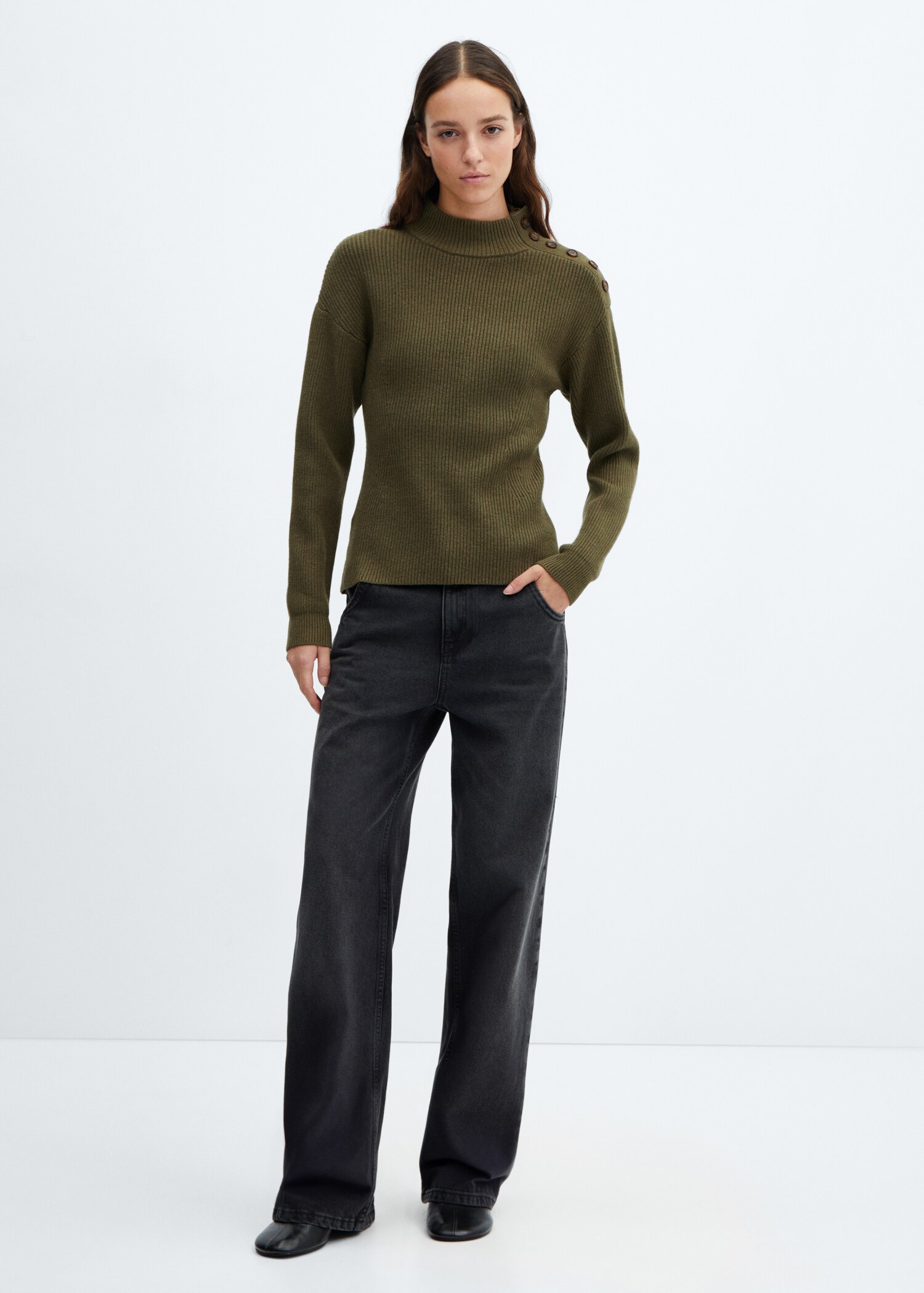 Shouder buttons ribbed sweater - General plane