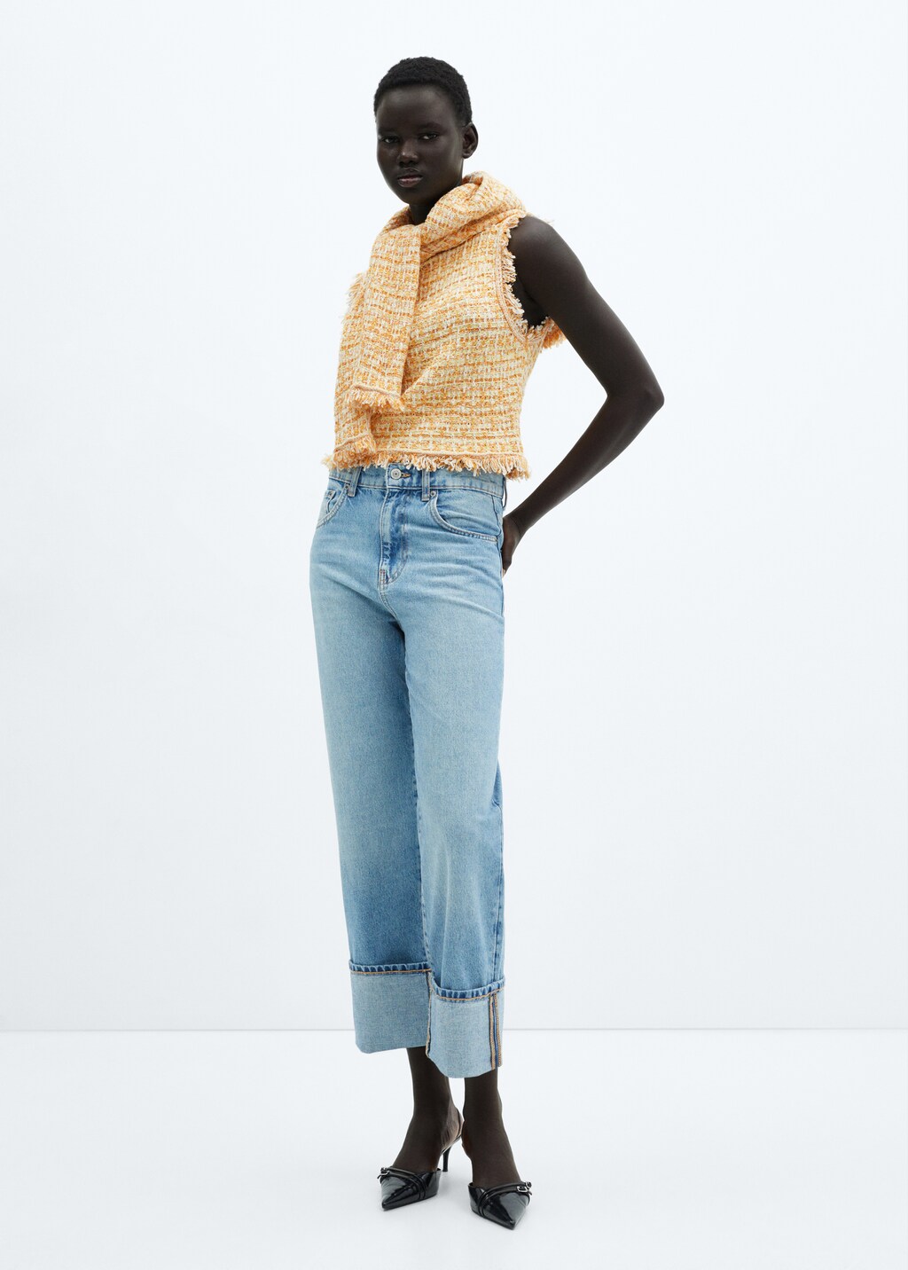 Tweed top with frayed detail - Women | MANGO OUTLET USA