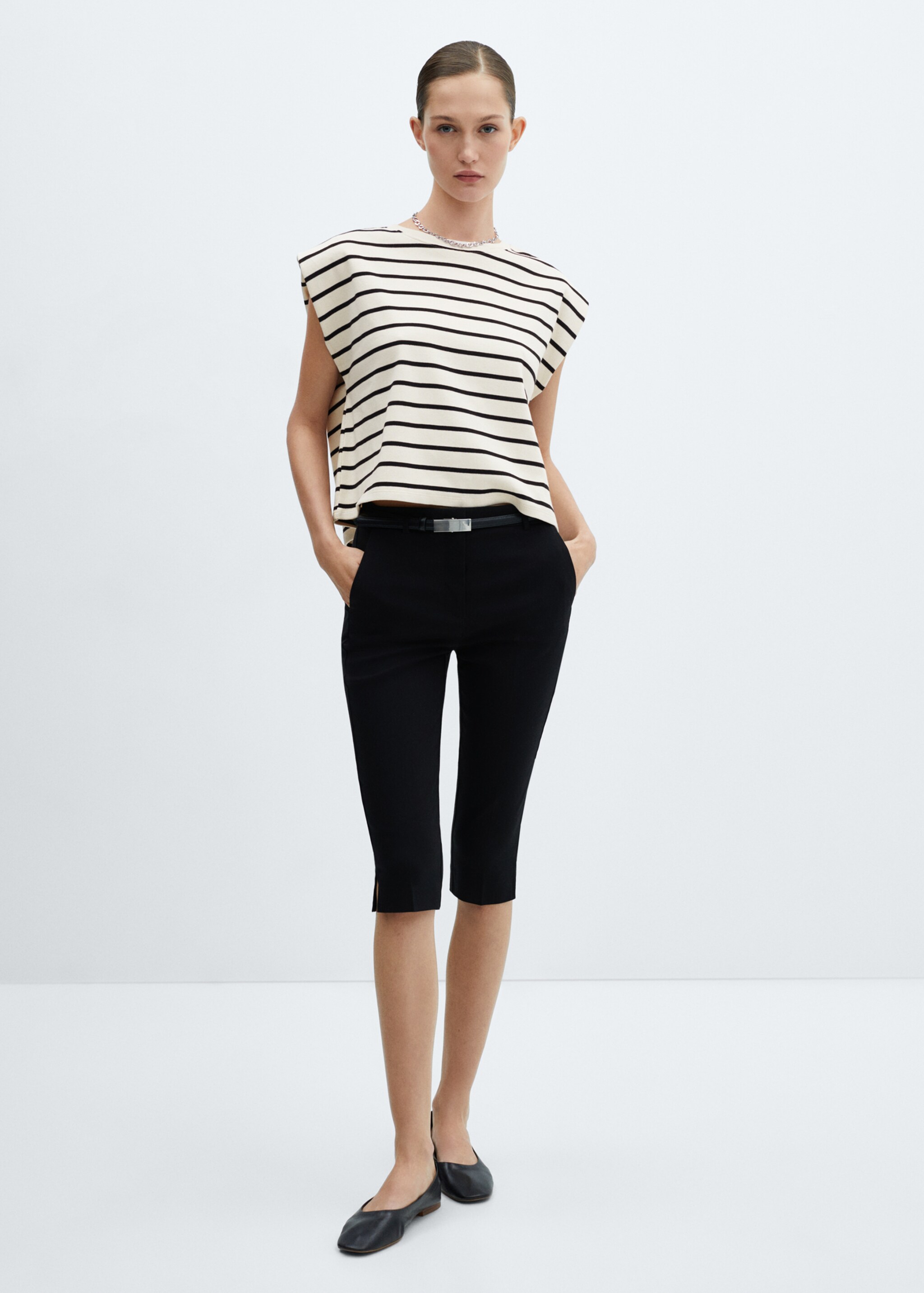 Shoulder pad stripped t-shirt - General plane, Ecru. Ref: 67007137-00.