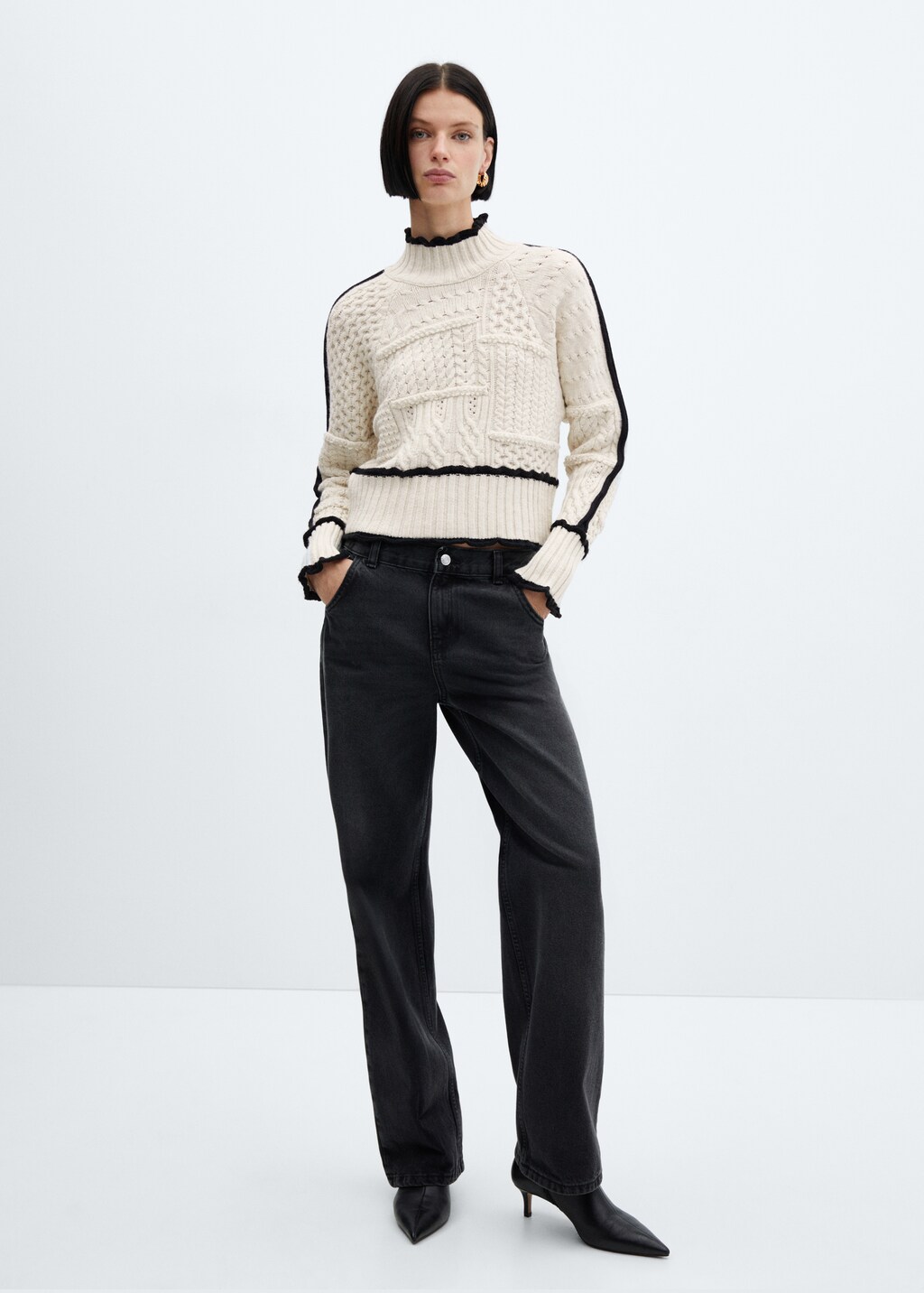 Cable knit sweater with contrasting trim Women MANGO OUTLET Slovakia