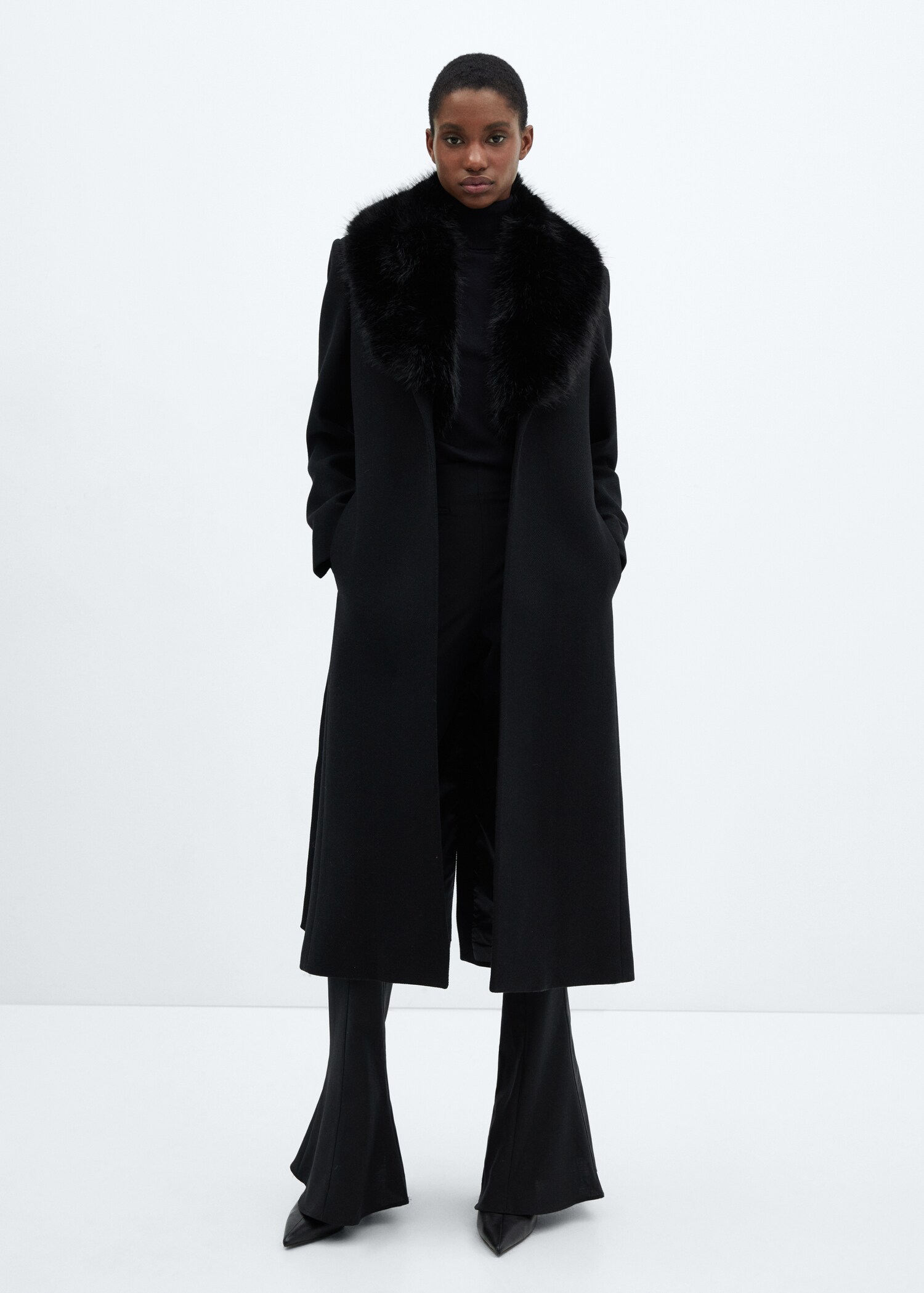 Manteau laine Manteco col imitation fourrure amovible - Plan général