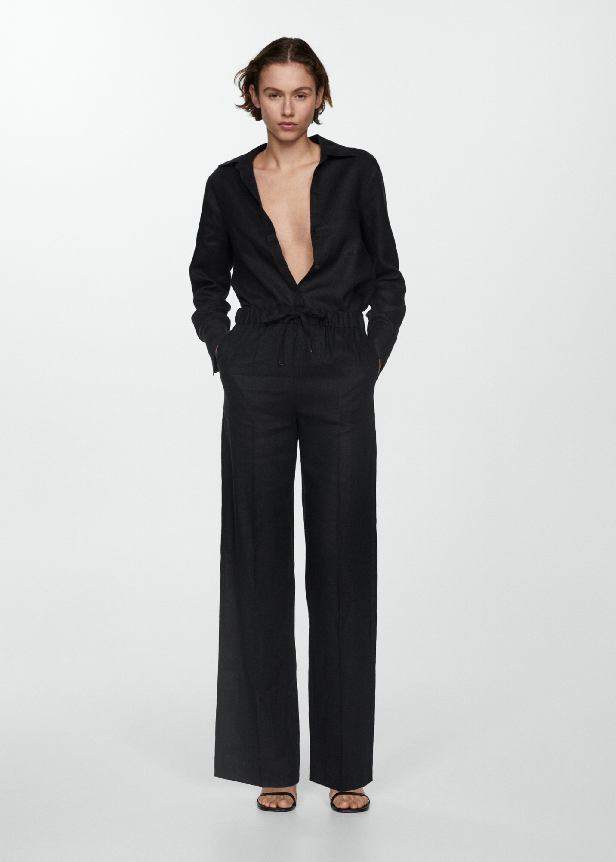 Linen-blend elastic waist trousers - General plane