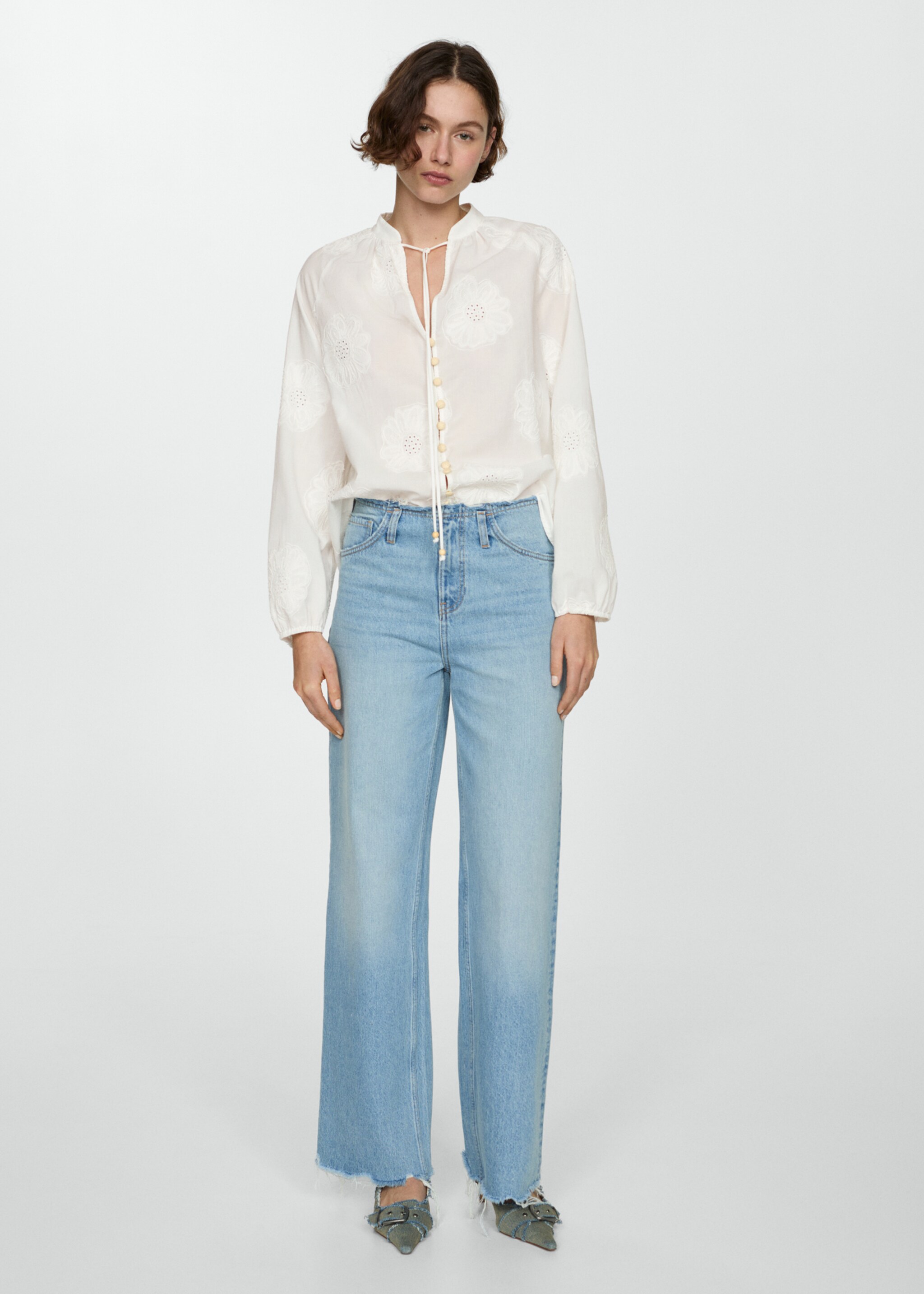 Blusa bordado floral lazo - Plano general, Blanco roto. Ref: 67027124-00.