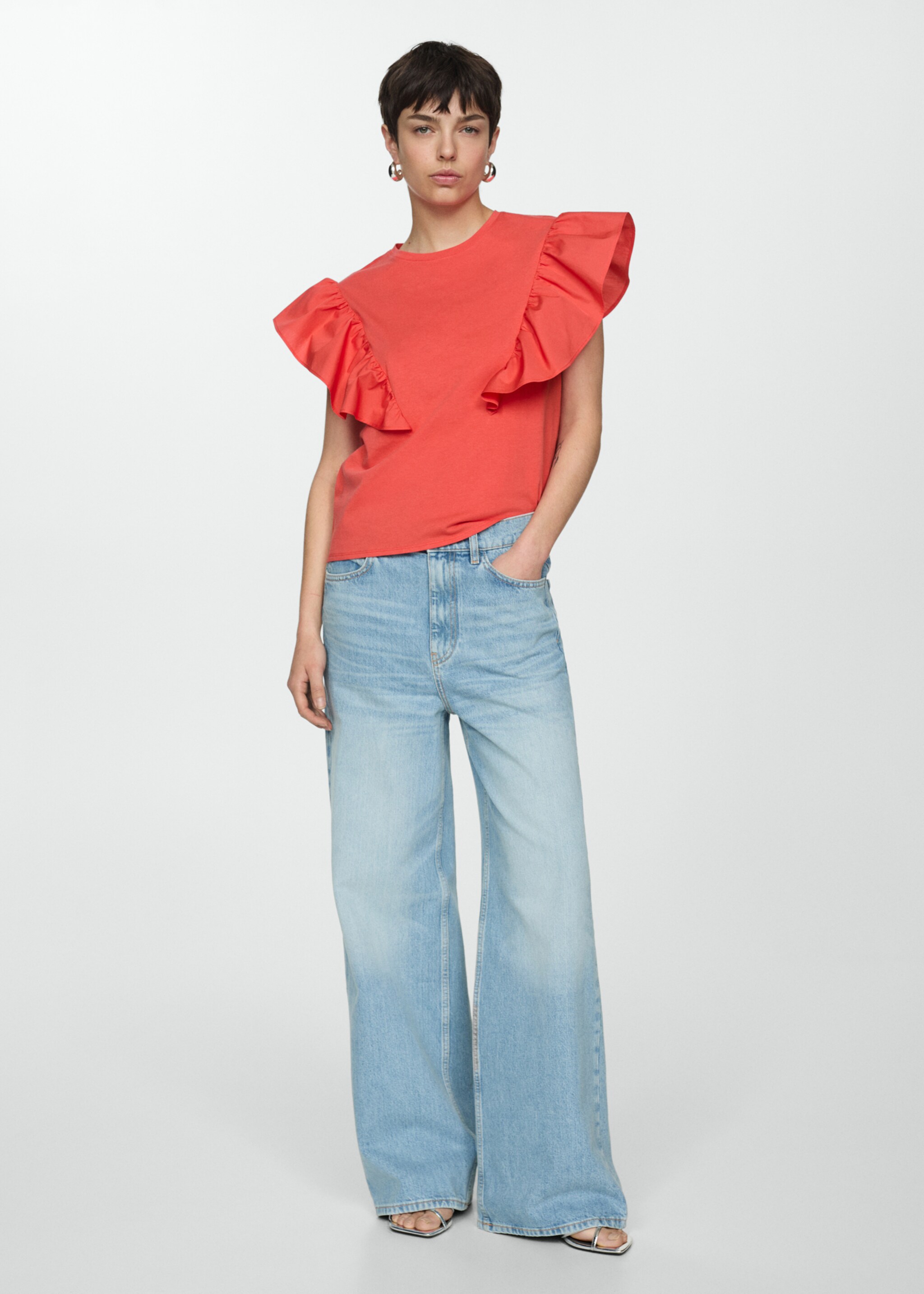 100% cotton t-shirt with ruffles - General plane, Coral Red. Ref: 67037140-00.