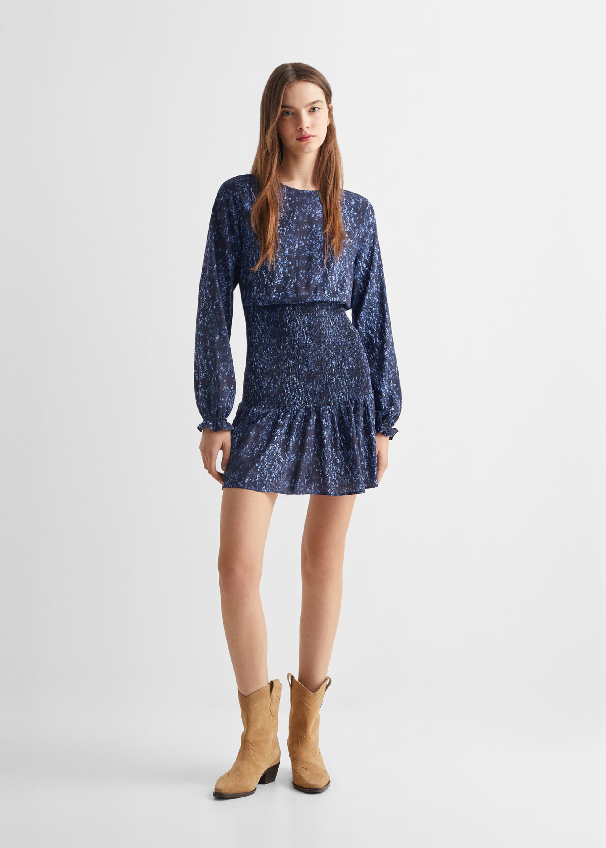 Vestido fruncido estampado - Plano general, Azul. Ref: 67040377-00.