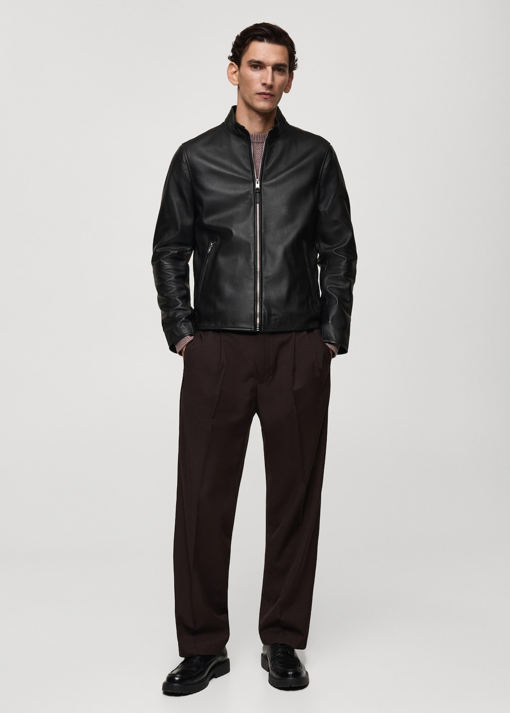 Zip-detail leather biker jacket - Men | MANGO OUTLET USA