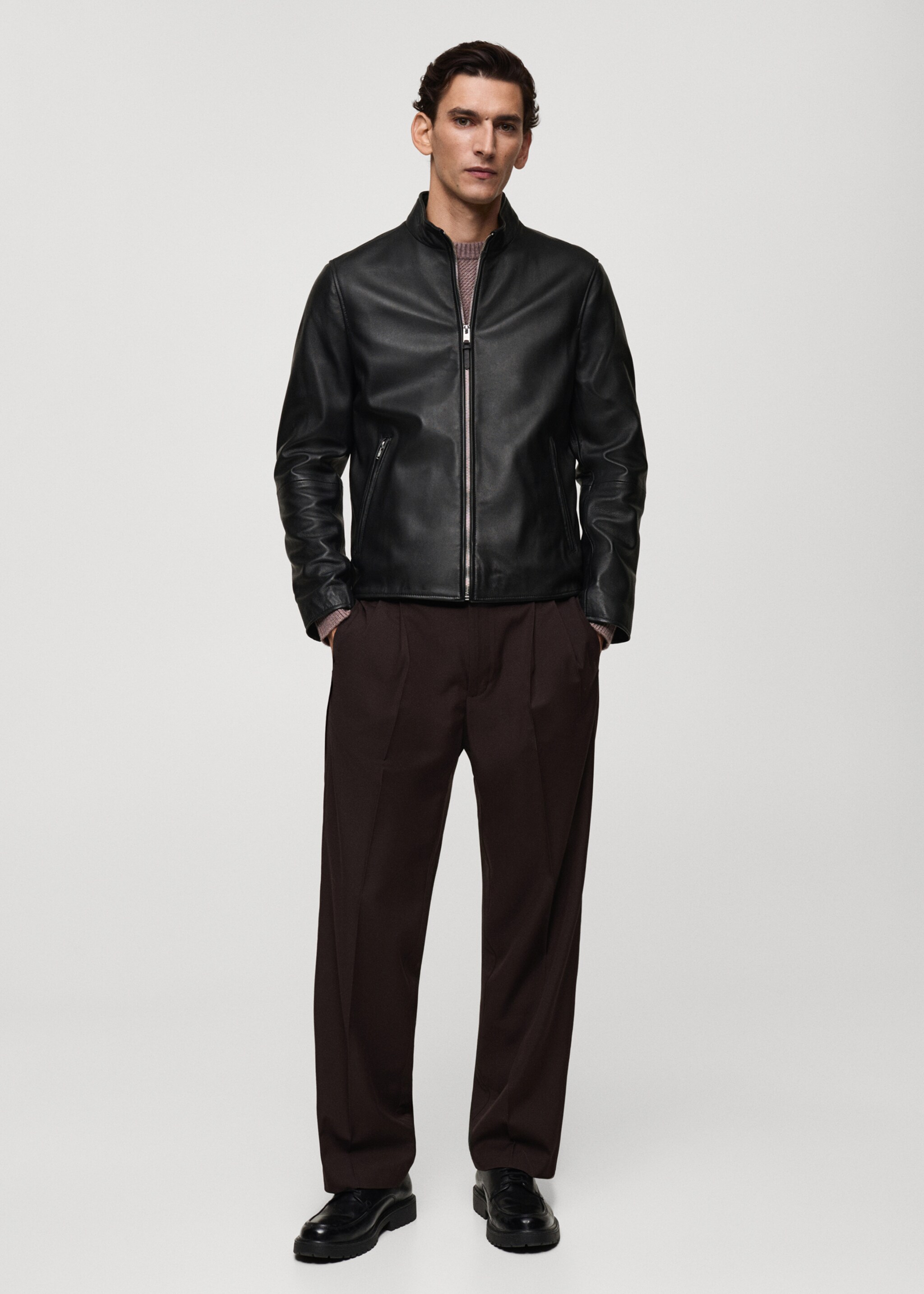 Blouson biker en cuir zippé - Plan général, Noir. Ref: 67040619-00.