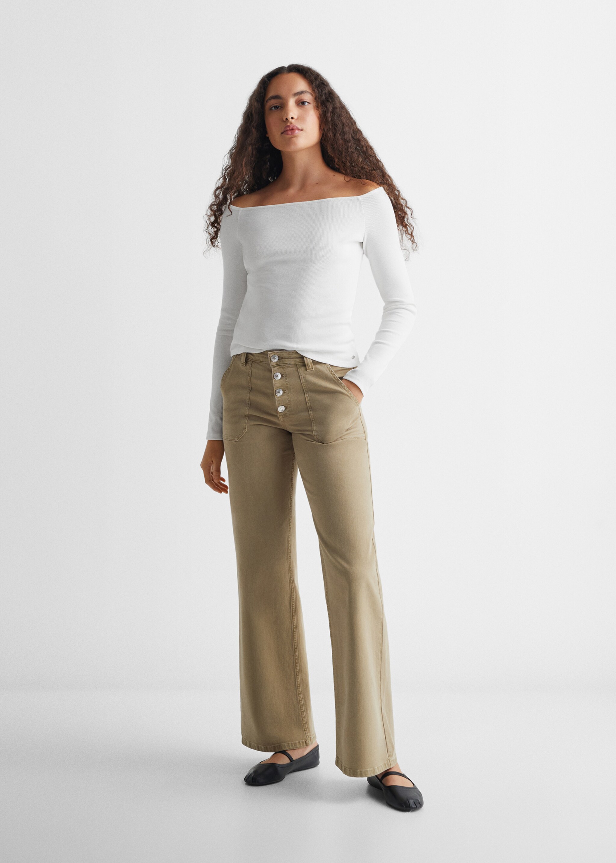 Ribbed off-the-shoulder t-shirt - General plane, White. Ref: 67042911-00.