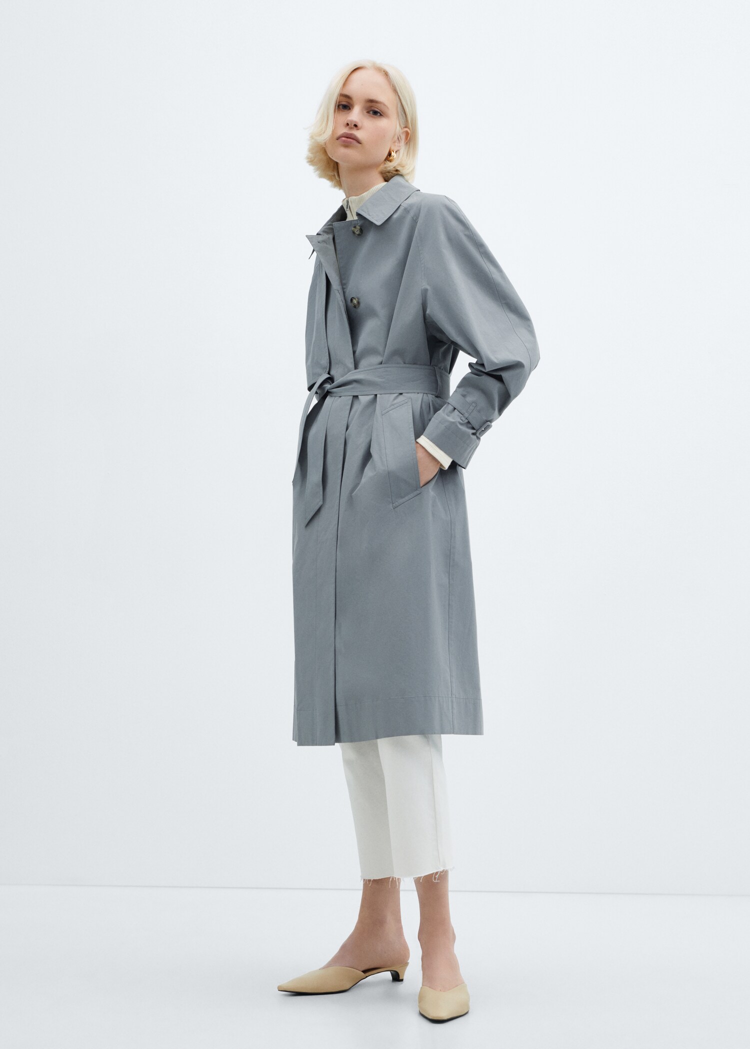 Cotton trench coat with belt - General plane
