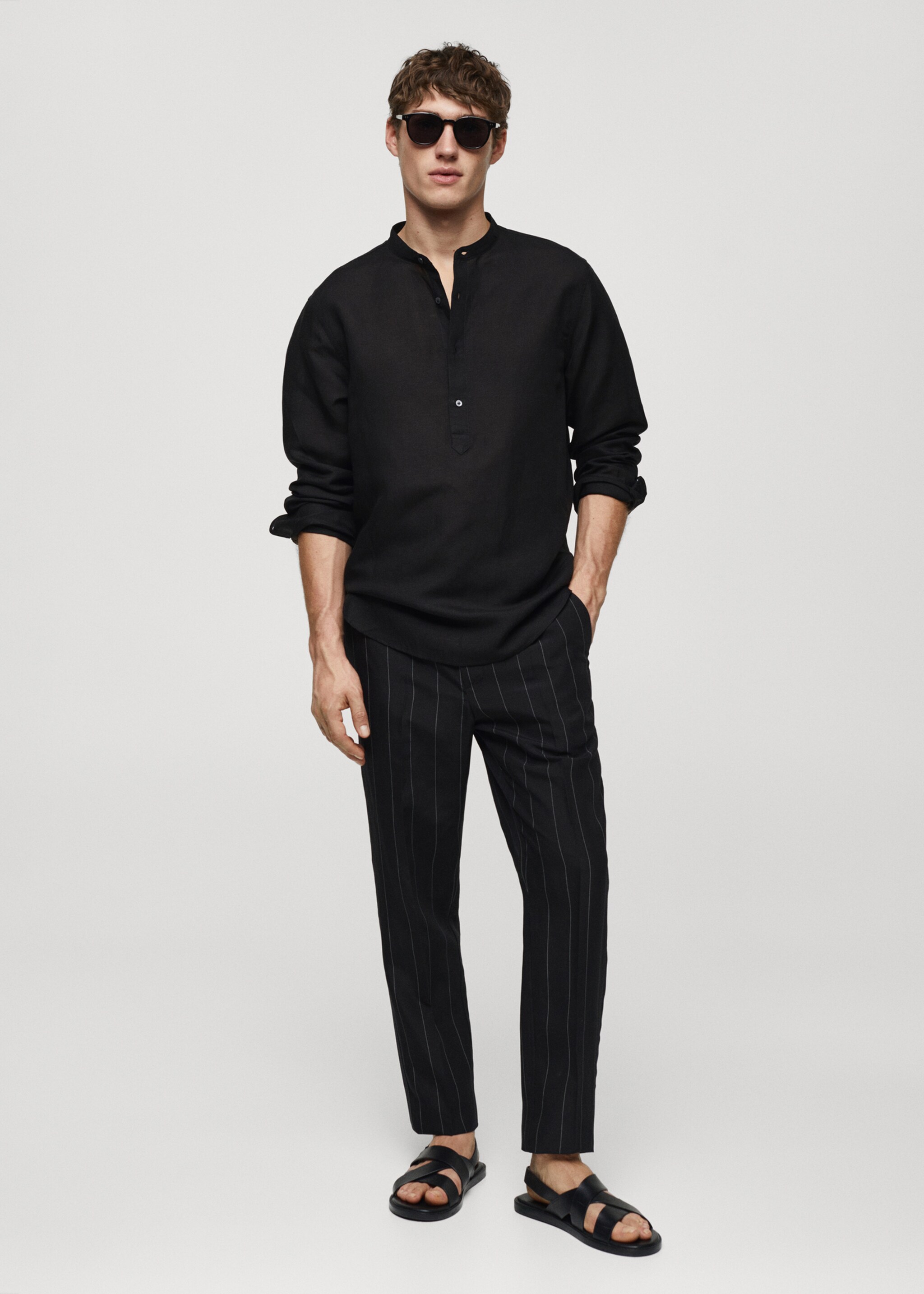 Slim-fit linen trousers with pinstripes - General plane