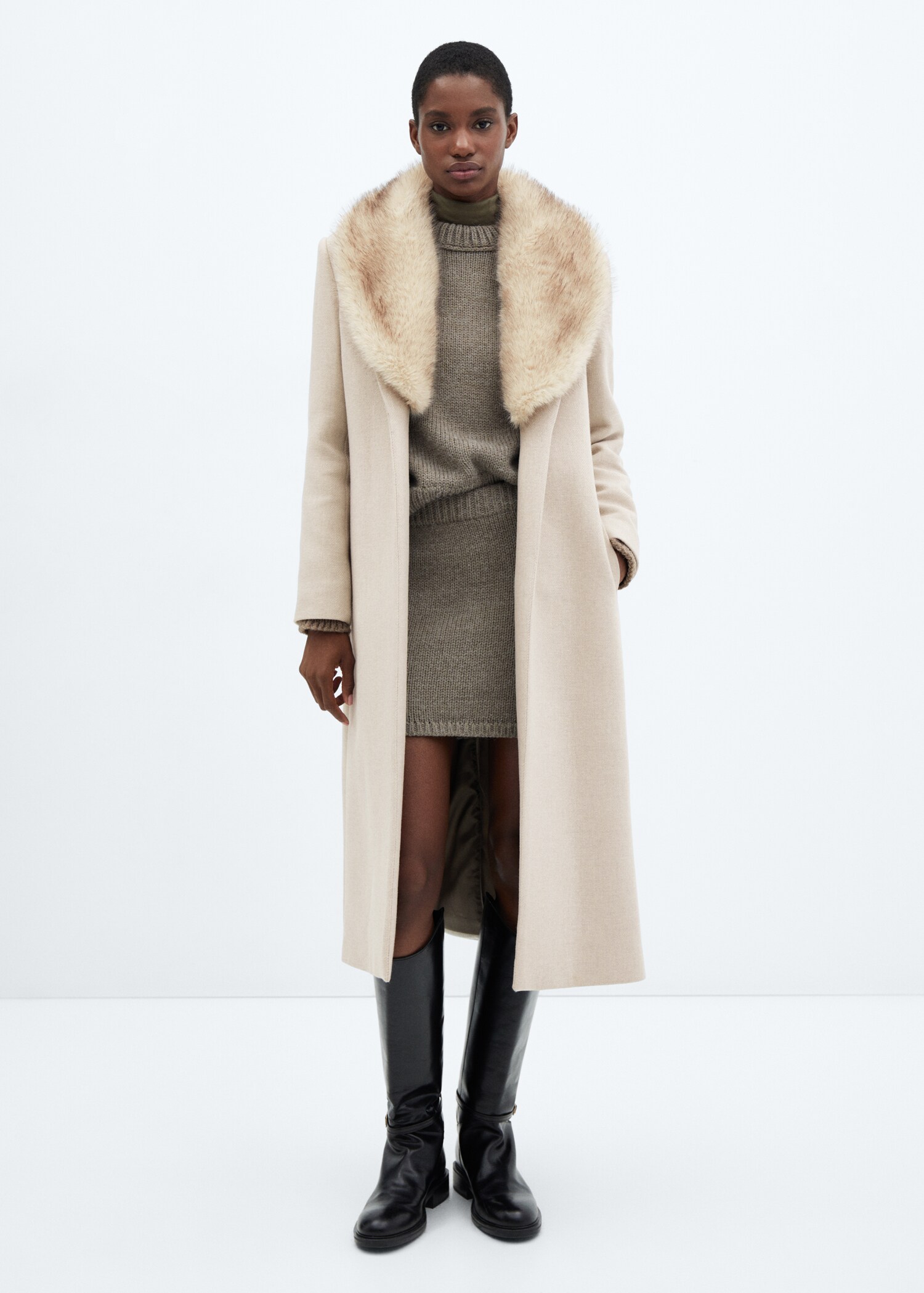 Manteau laine Manteco col imitation fourrure amovible - Plan général