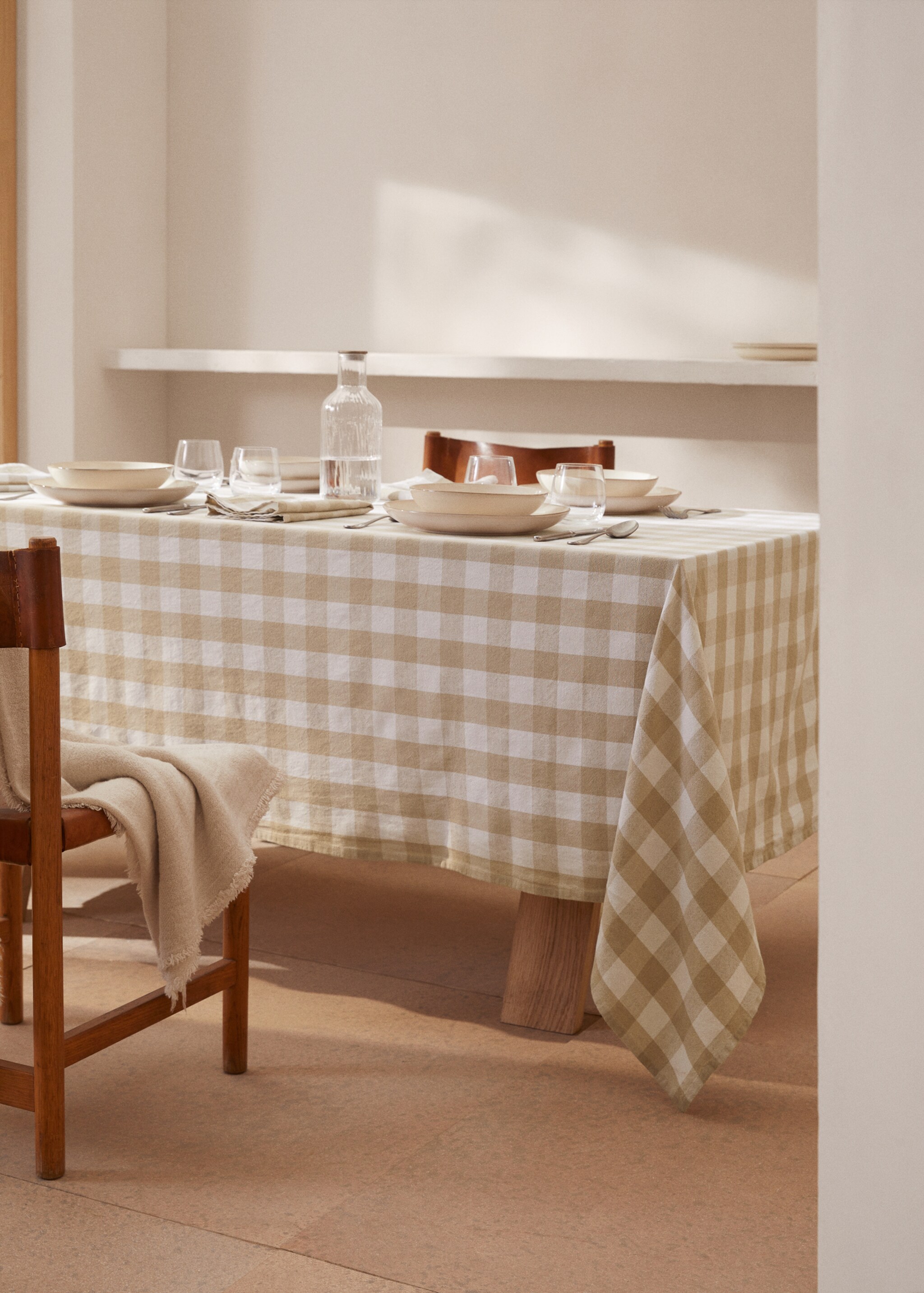 Cotton linen gingham tablecloth 170x250cm - General plane, Beige. Ref: 67054036-00.