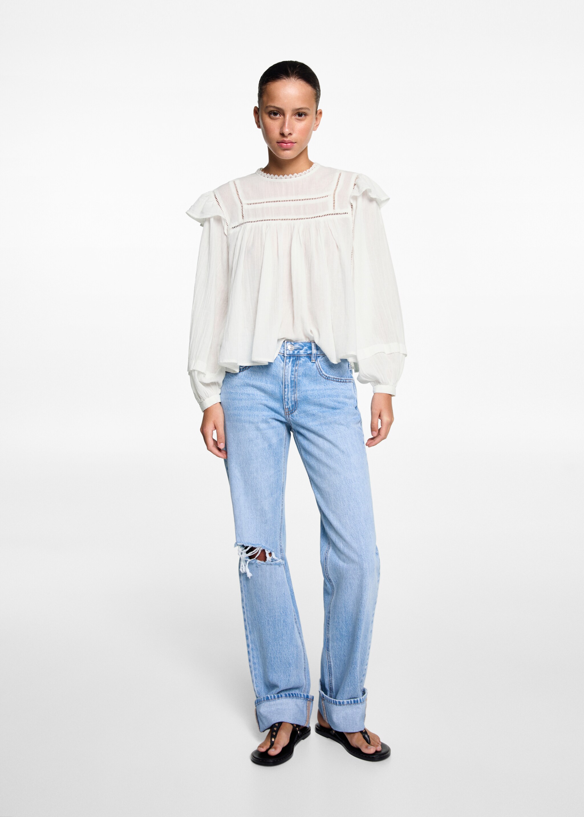 Blusa algodón volante - Plano general, Crudo. Ref: 67054476-00.