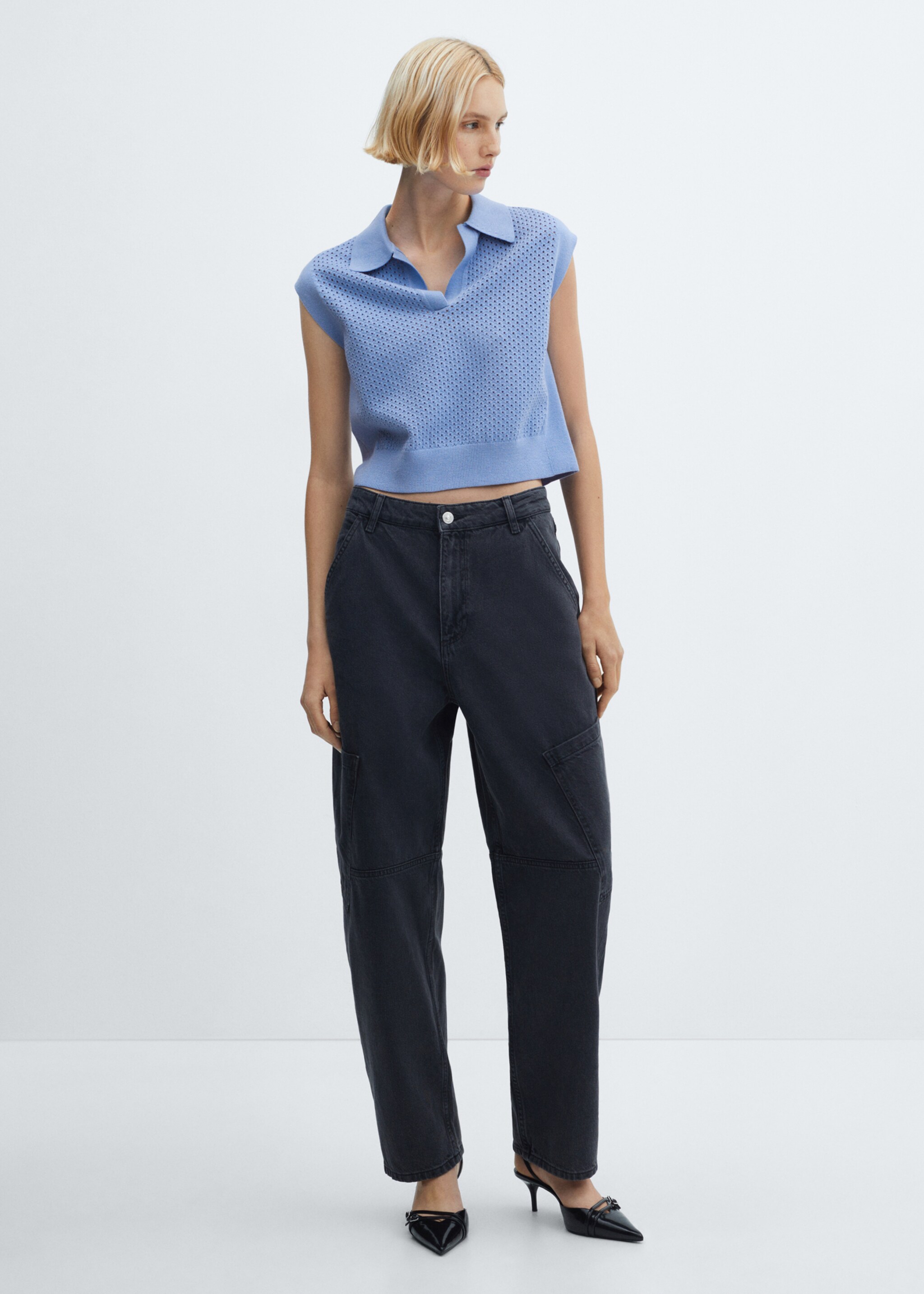 Lochmuster-Top mit Poloshirt-Kragen - Allgemeine Ansicht