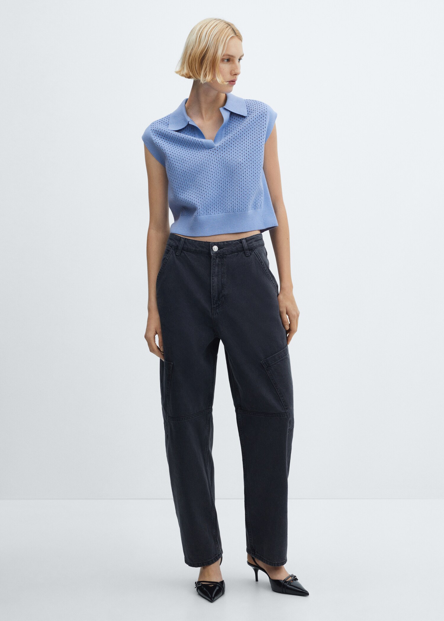 Lochmuster-Top mit Poloshirt-Kragen - Allgemeine Ansicht
