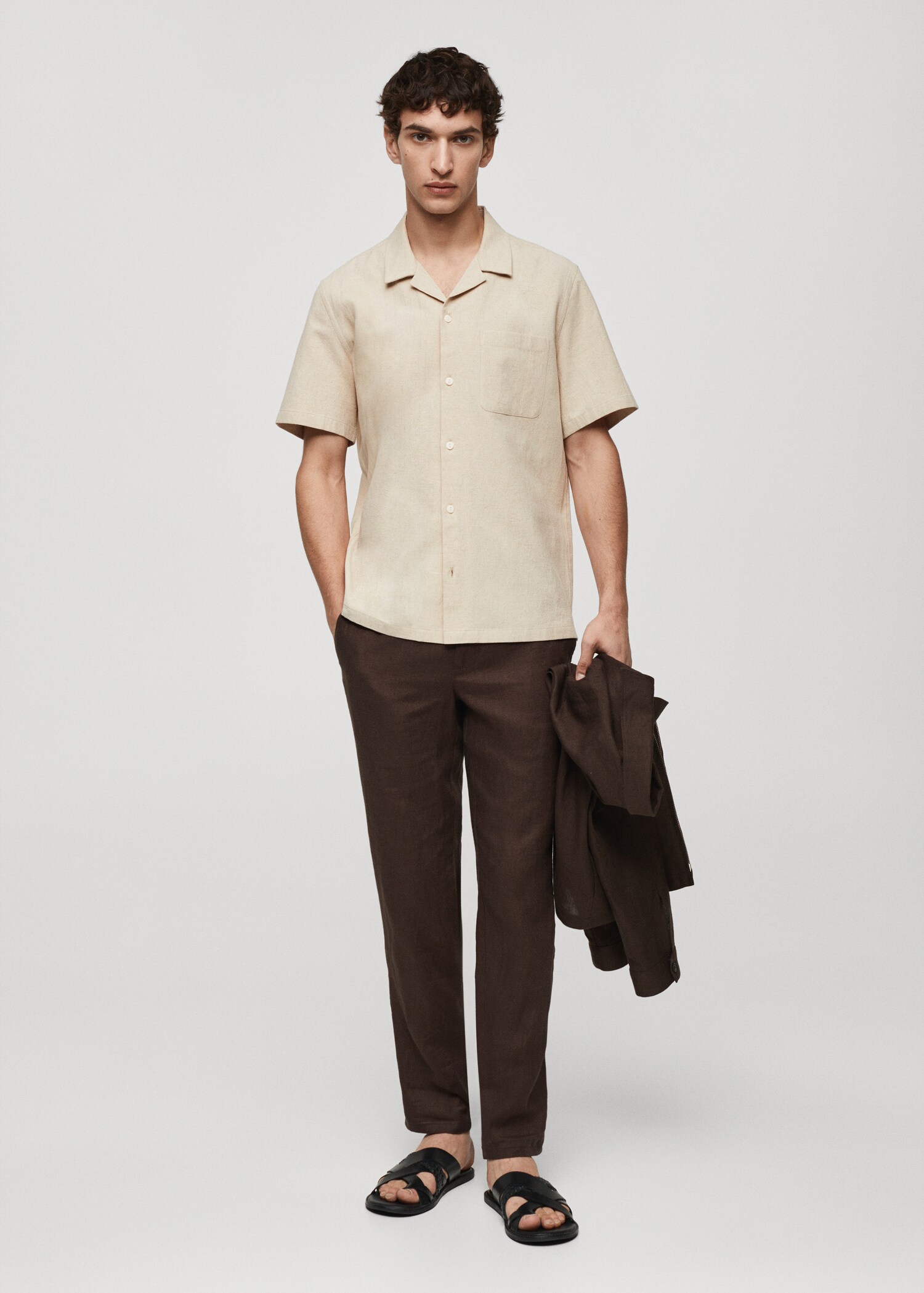 Linen shirt with bowling collar and pocket - General plane