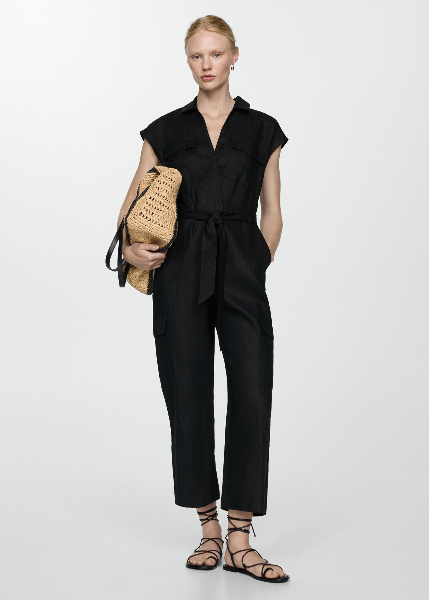 Linnen jumpsuit in cargostijl - Overzichtstekening