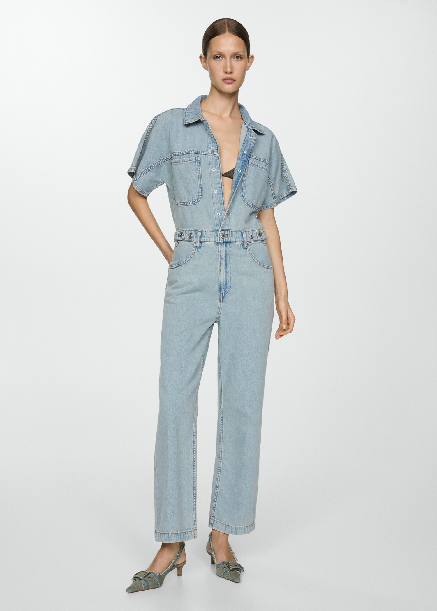 Ολόσωμη φόρμα denim κουμπιά πολλαπλών θέσεων - Γενικό πλάνο