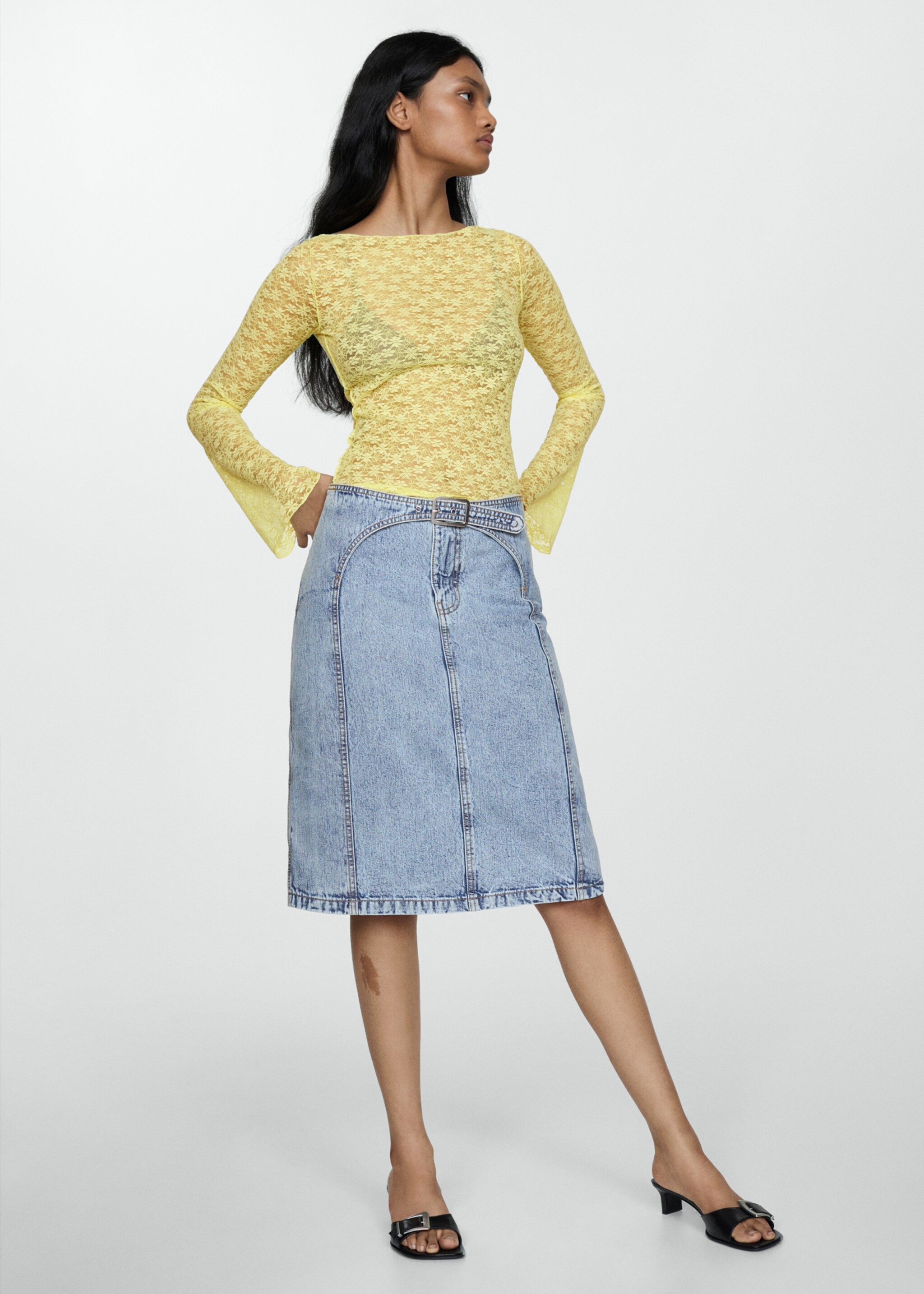 Denim midi-skirt with belt - General plane