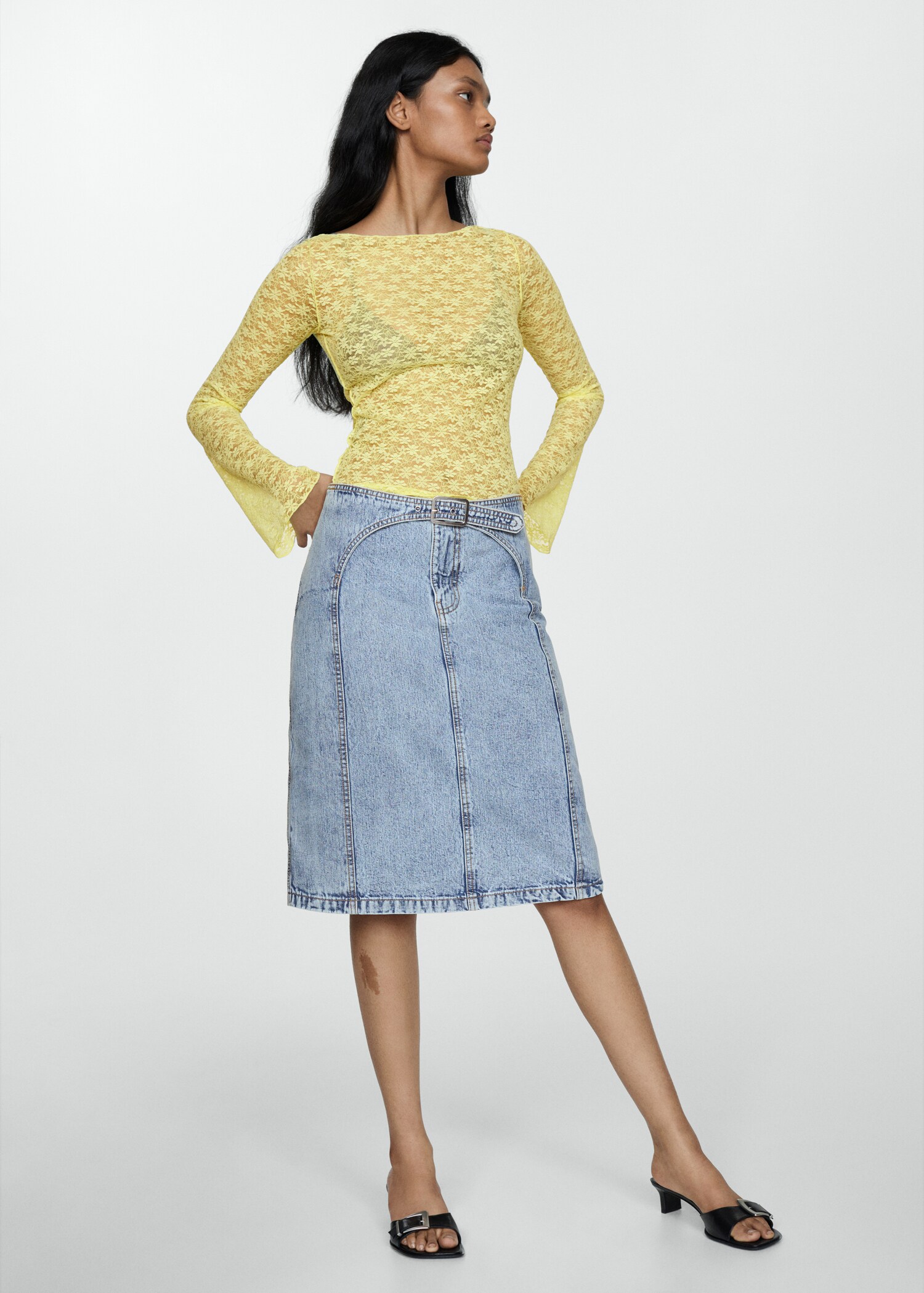 Denim midi-skirt with belt - General plane