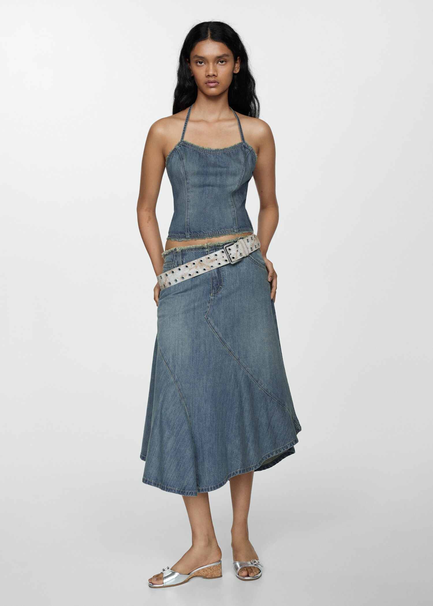 Asymmetrical frayed denim skirt - General plane