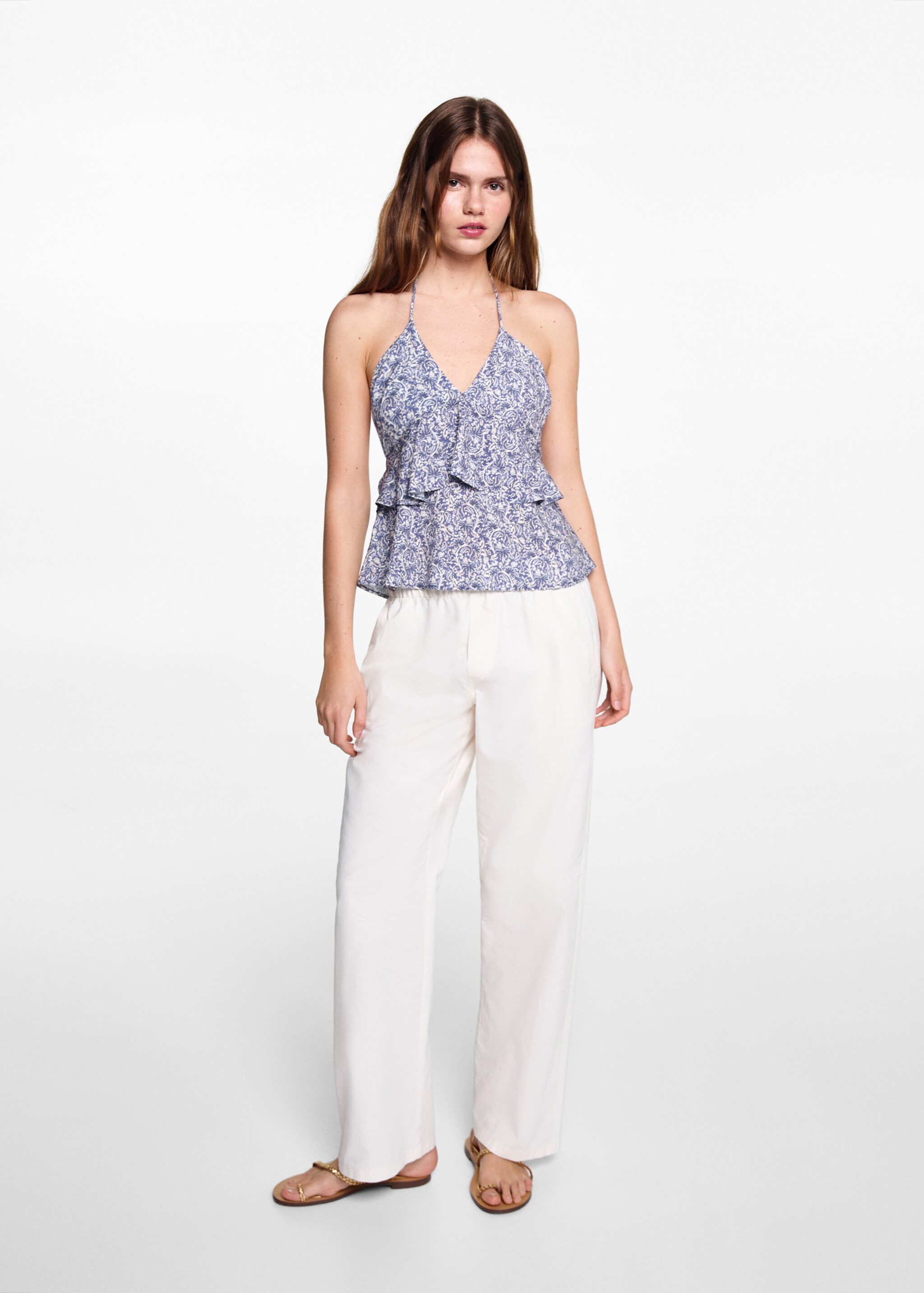 Gemustertes Volant-Top - Allgemeine Ansicht, Himmelblau. Ref: 67058278-00.