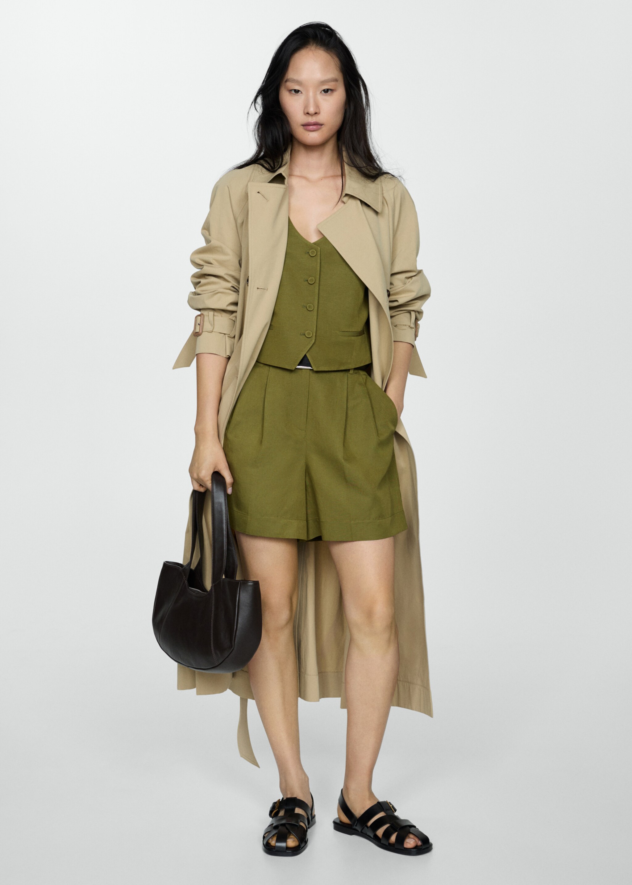Linen-blend Bermuda plated shorts - General plane, Khaki. Ref: 67059229-00.
