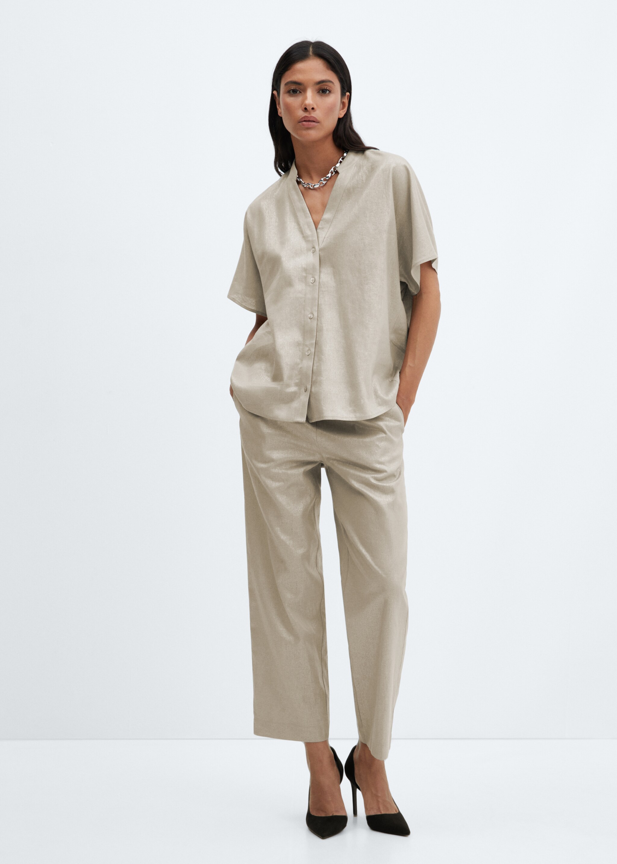 Linen-blend elastic waist trousers - General plane