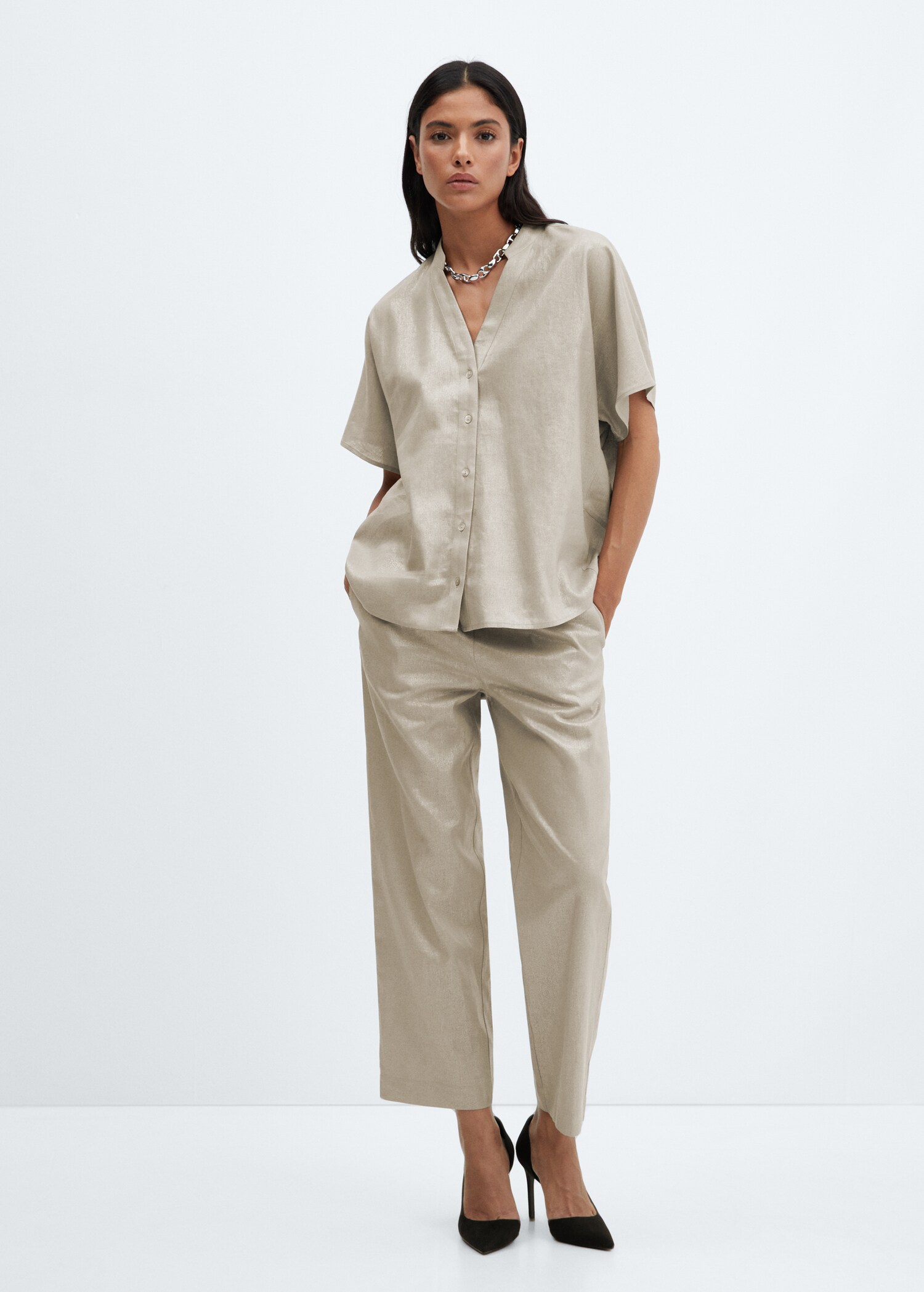 Pantalón lino cintura elástica - Plano general