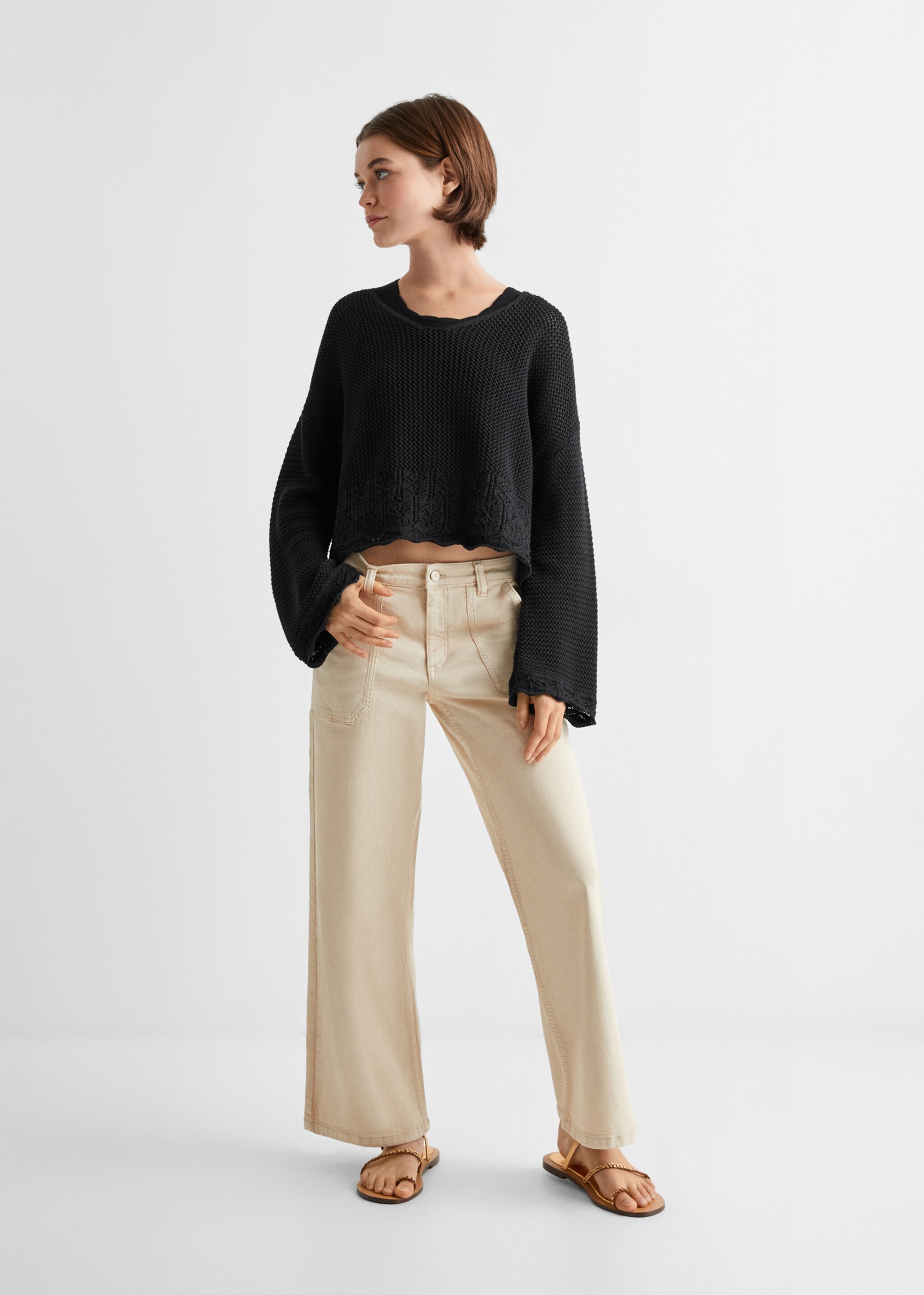 V-neck openwork knitted sweater - General plane, Black. Ref: 67075146-00.