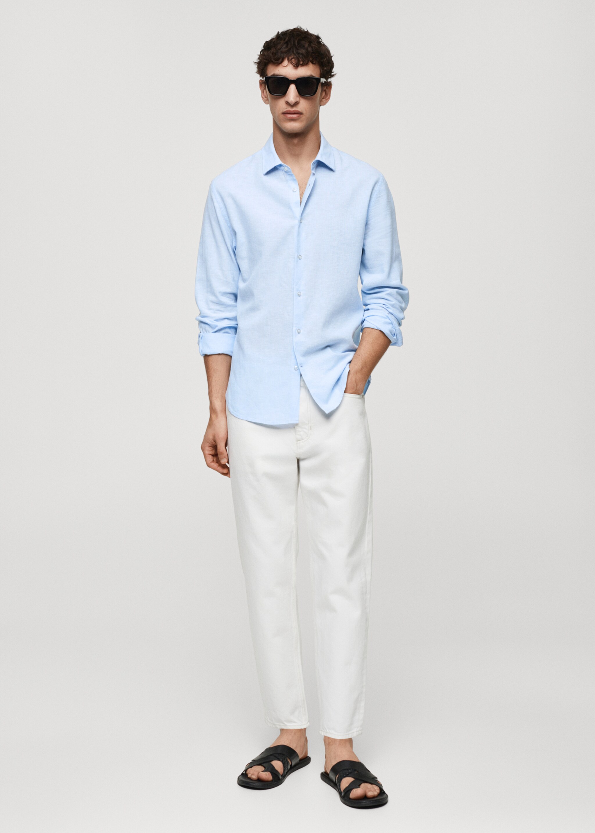 Gestreiftes Regular Fit-Leinenhemd - Allgemeine Ansicht, Himmelblau. Ref: 67076726-00.