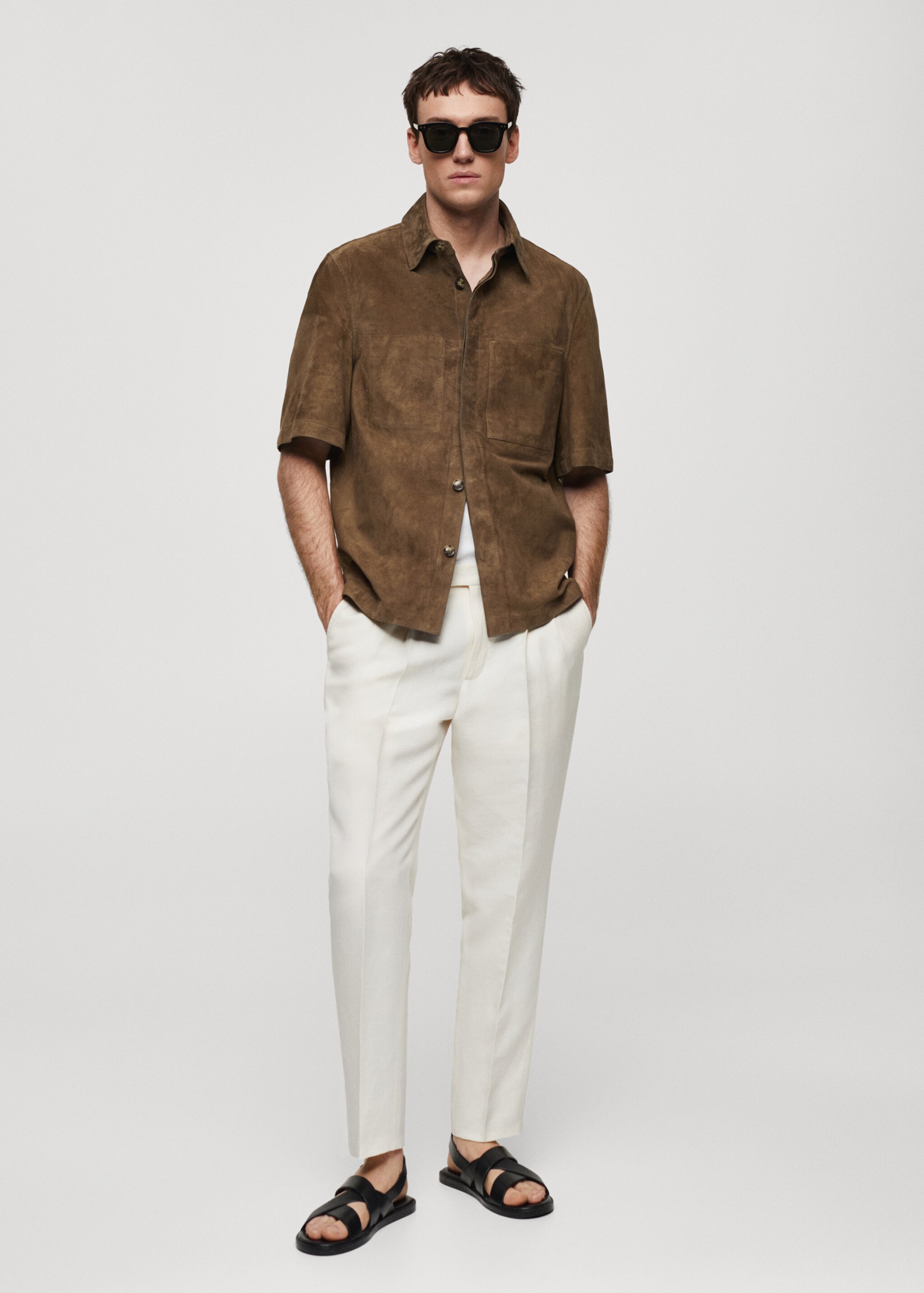 Overshirt with 100% suede leather pocket - General plane, Brown. Ref: 67077906-00.
