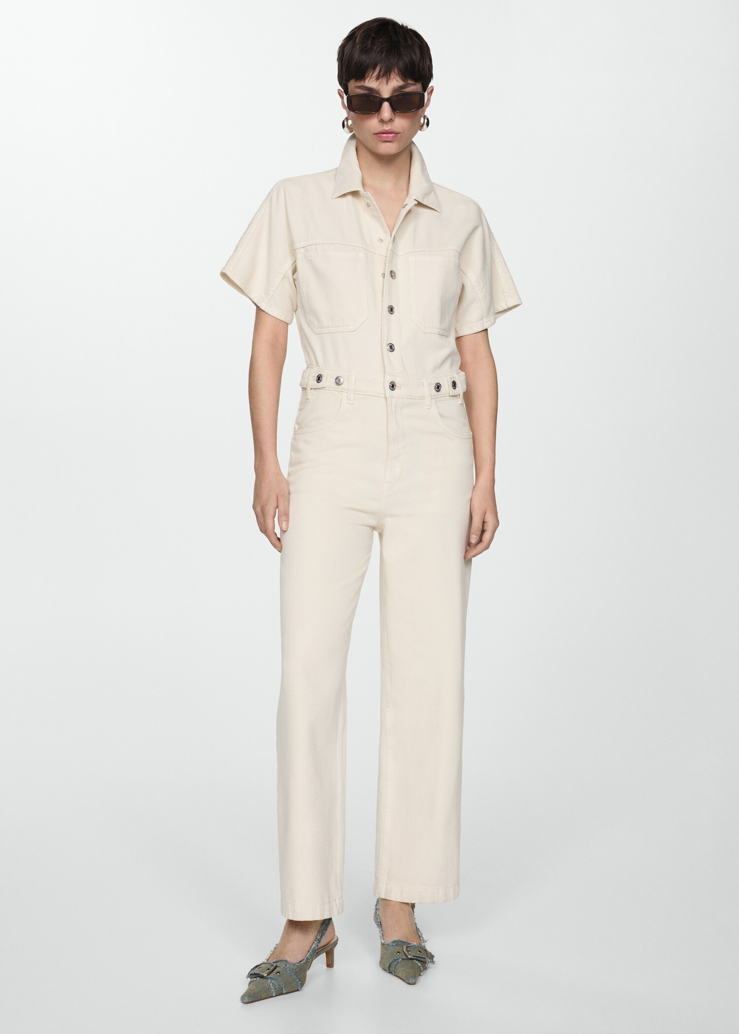 Denim jumpsuit with multi-position buttons - General plane
