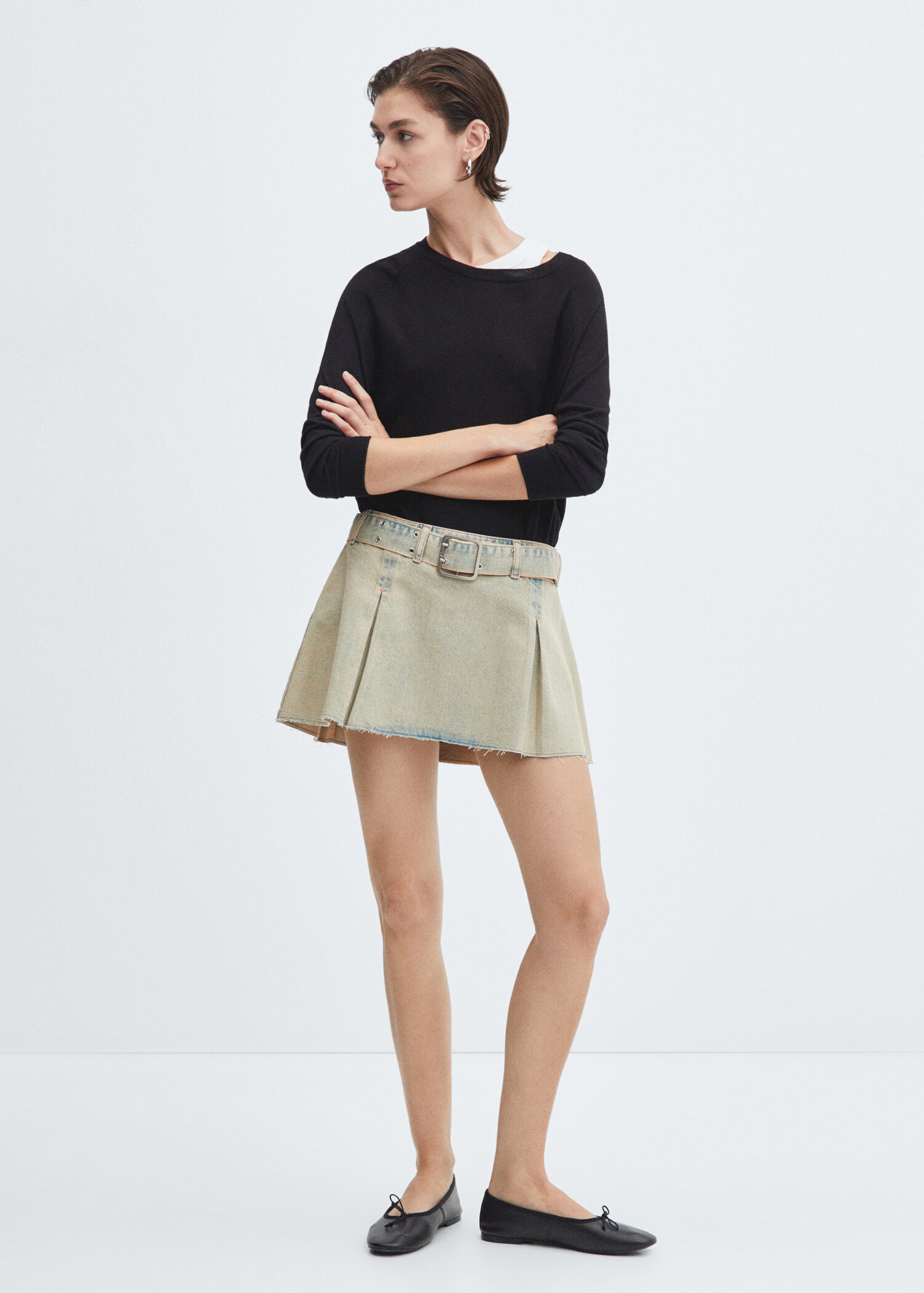 Denim mini-skirt with belt - General plane