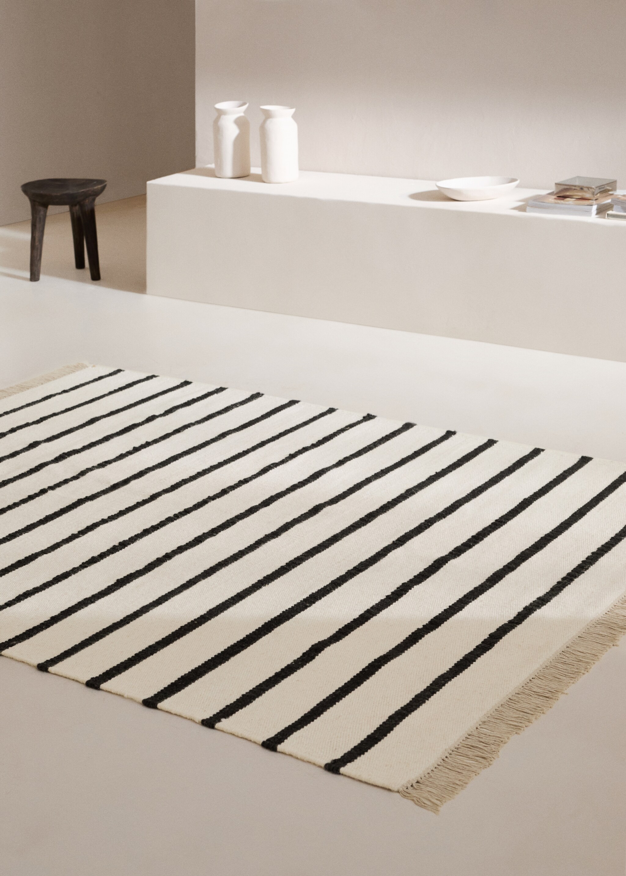 100% wool striped fringed rug - General plane, Charcoal. Ref: 67086026-00.