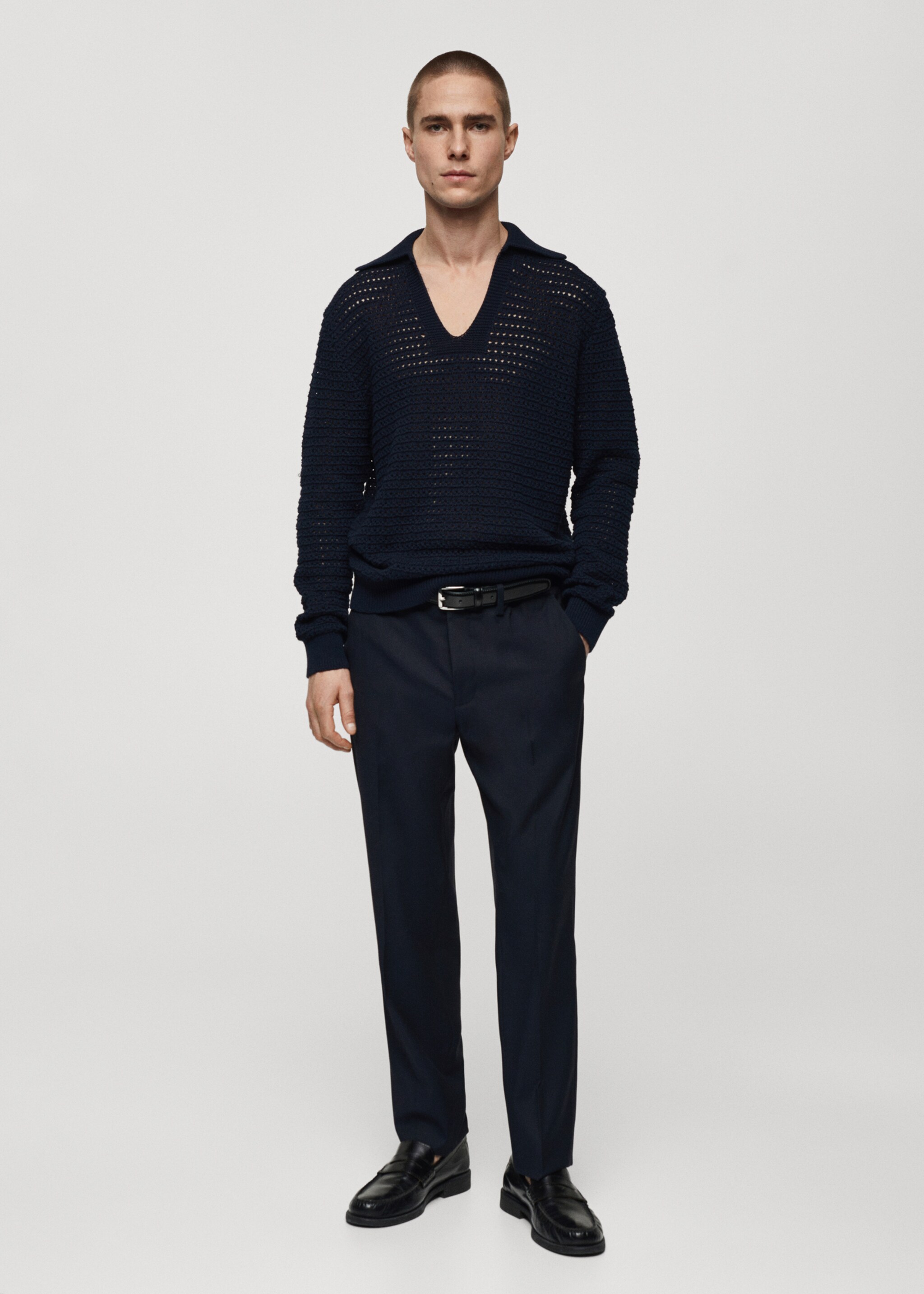 Pulover din tricot ajurat cu guler polo - Plan general