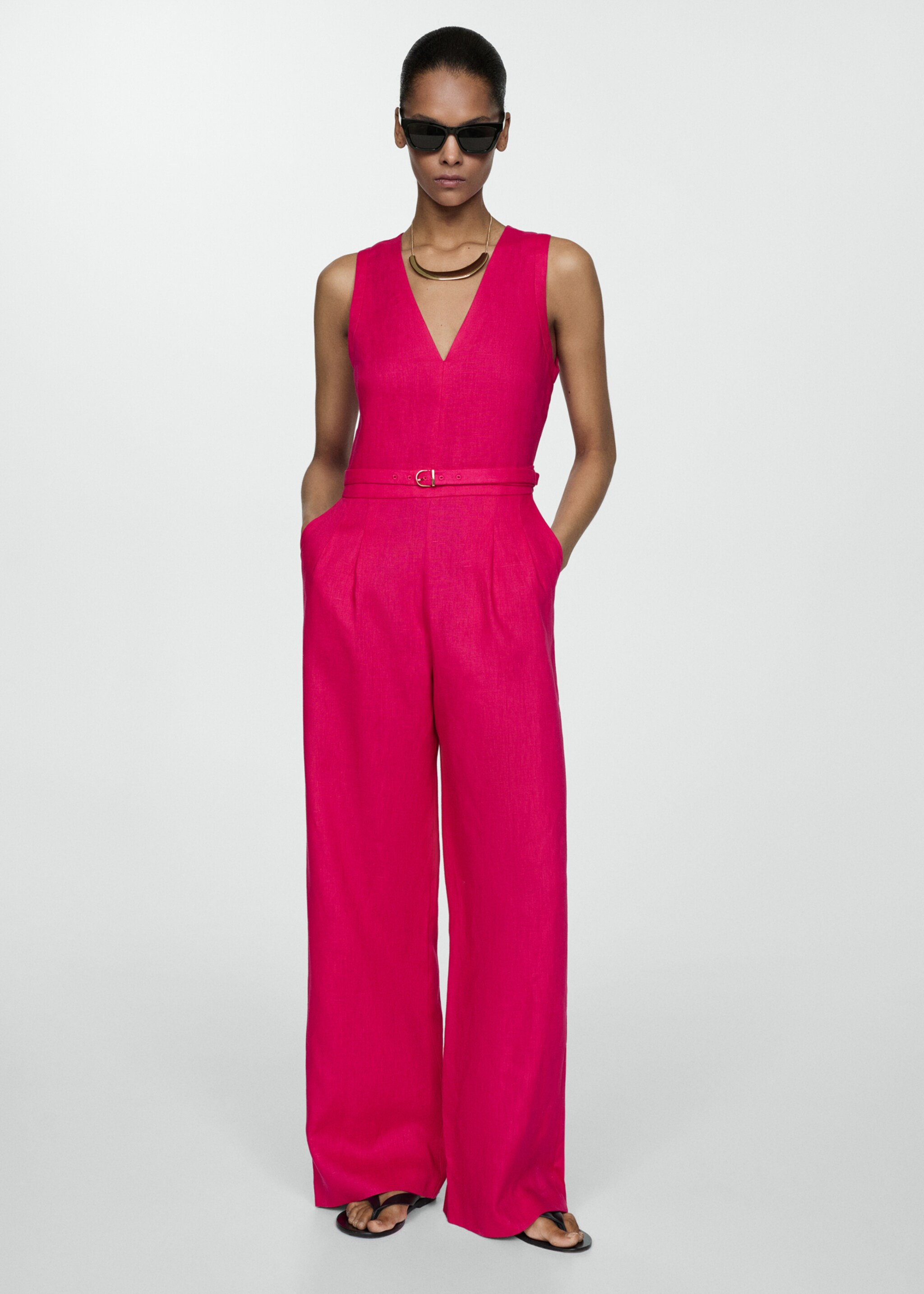 100% linen jumpsuit with belt - General plane, Fuchsia. Ref: 67087111-00.