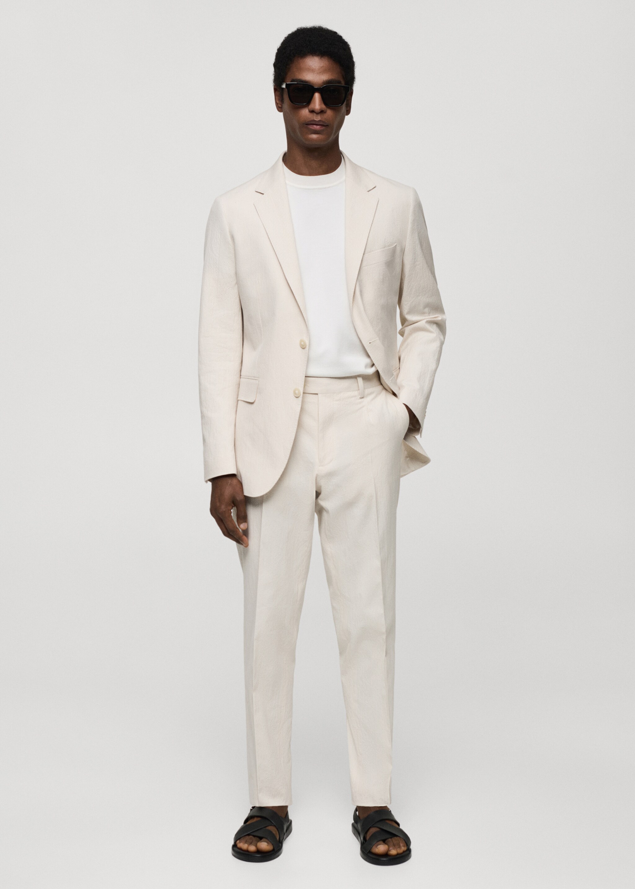 Striped seersucker cotton slim-fit suit trousers - General plane