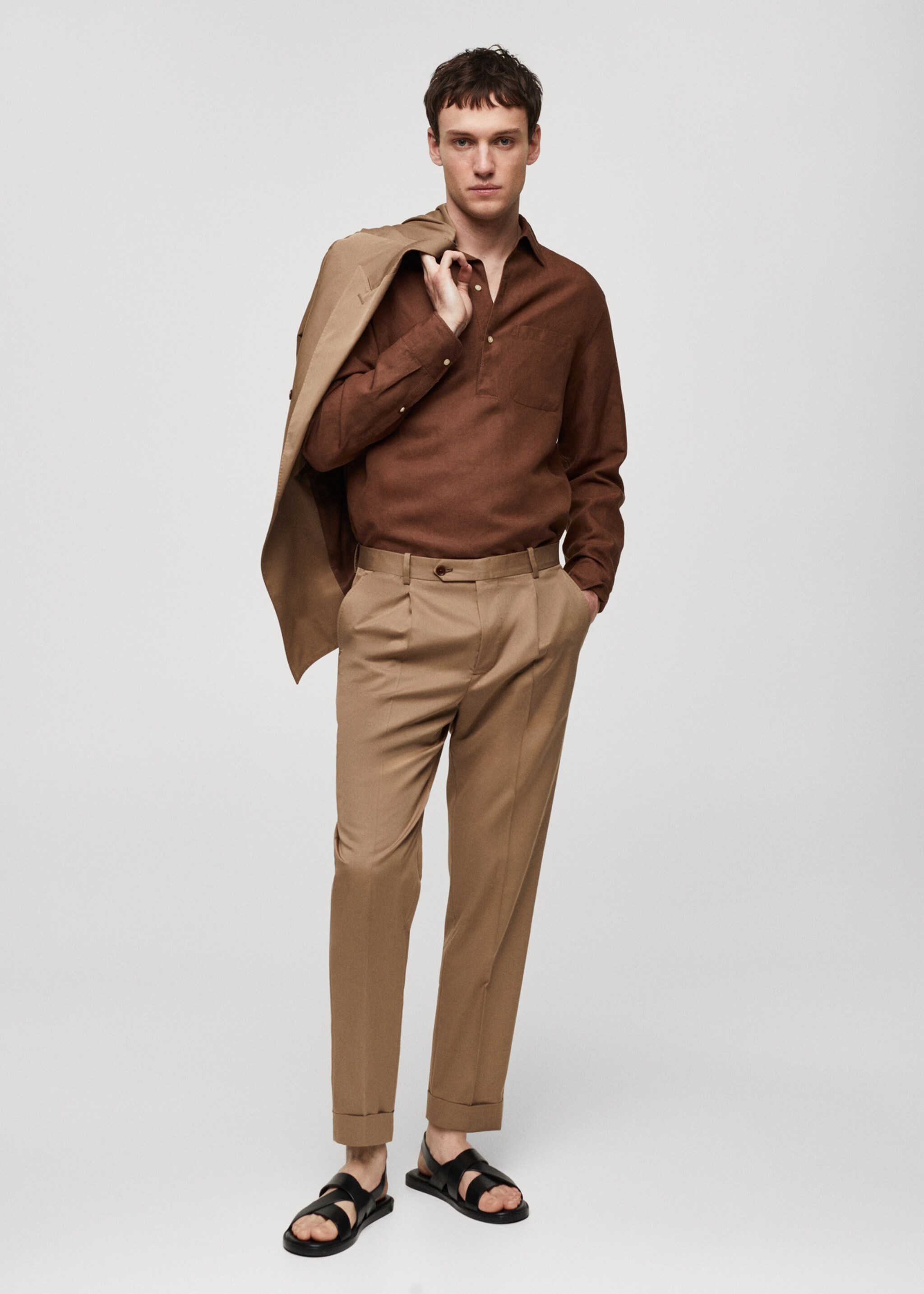 Slim-Fit-Hemd aus Tencel mit Leinen - Allgemeine Ansicht, Braun. Ref: 67087907-00.