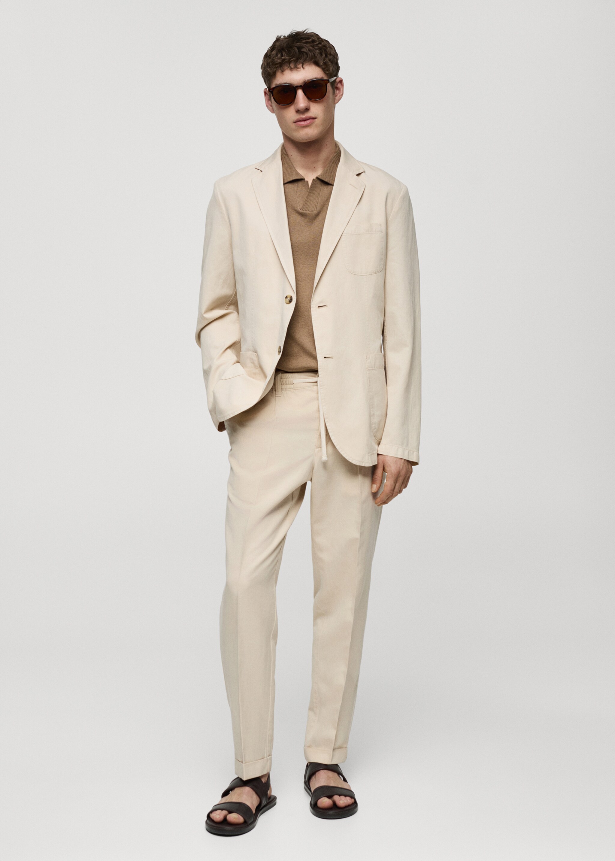 Linen-blend slim-fit trousers with drawstring - General plane