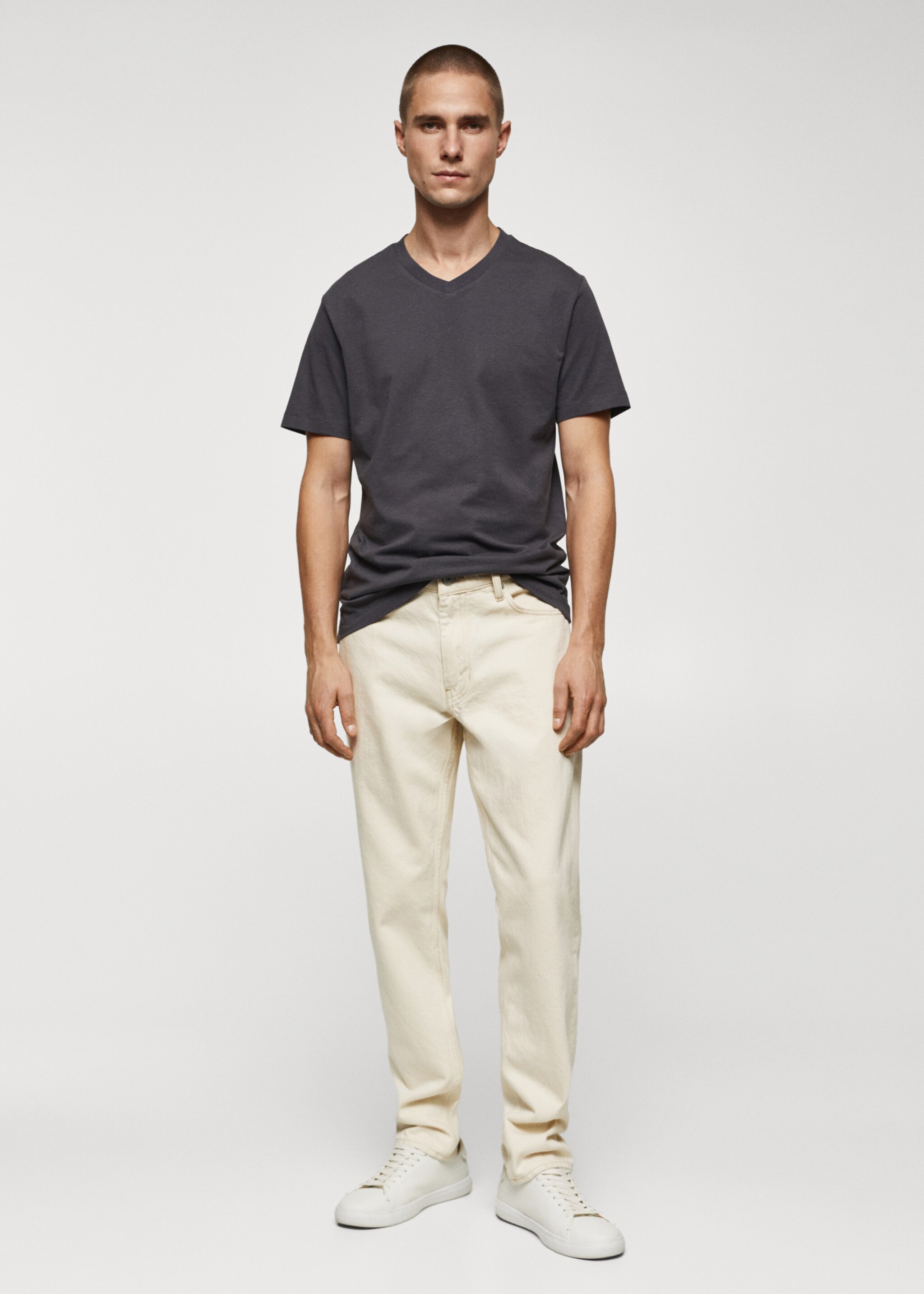 Basic cotton V-neck T-shirt - General plane, Dark Grey. Ref: 67090643-00.