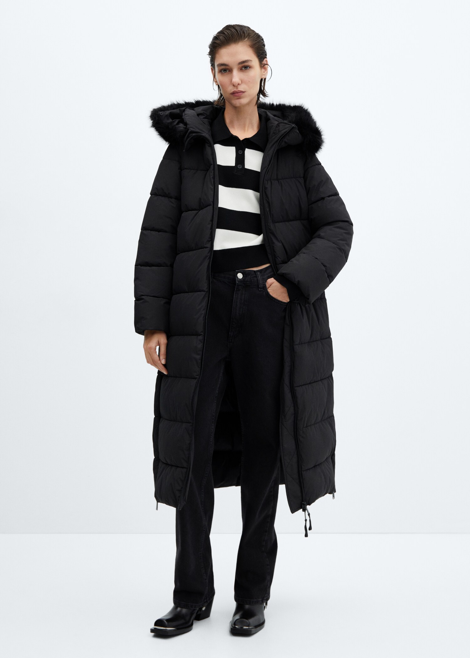 Quilted coat with fur-effect hood - General plane