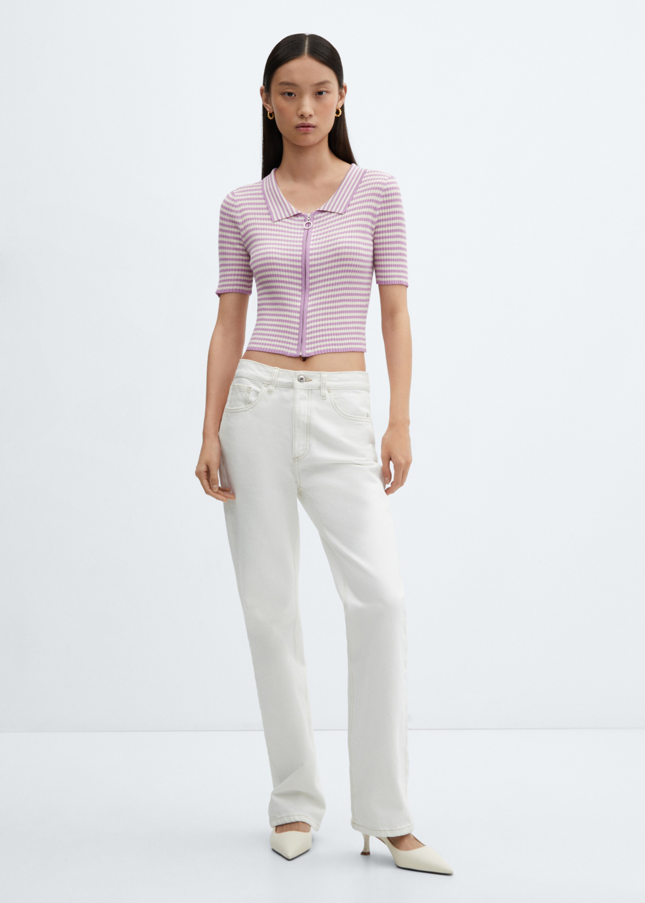 Gestreiftes Poloshirt mit Reißverschluss - Allgemeine Ansicht, Helllila/Pastelllila. Ref: 67092527-00.