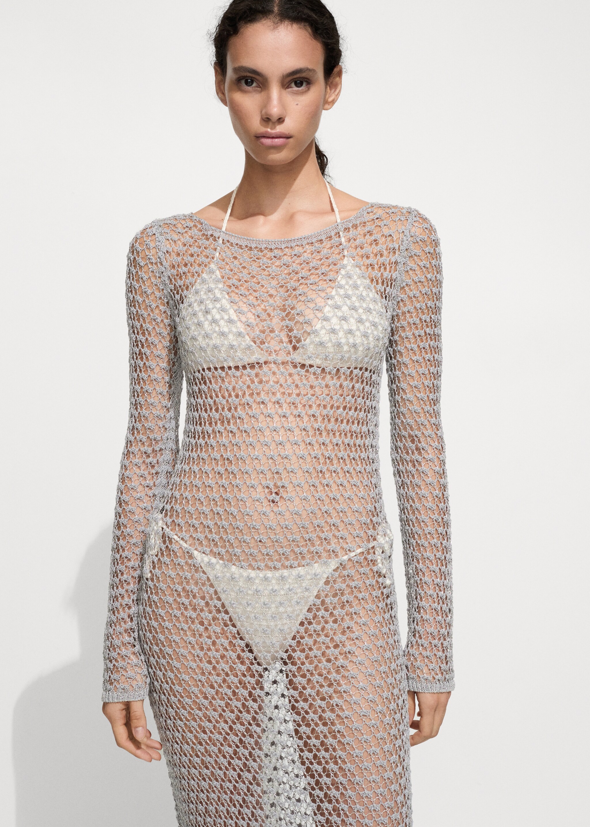 Crochet lurex dress - Medium plane, Silver. Ref: 77000385-00.